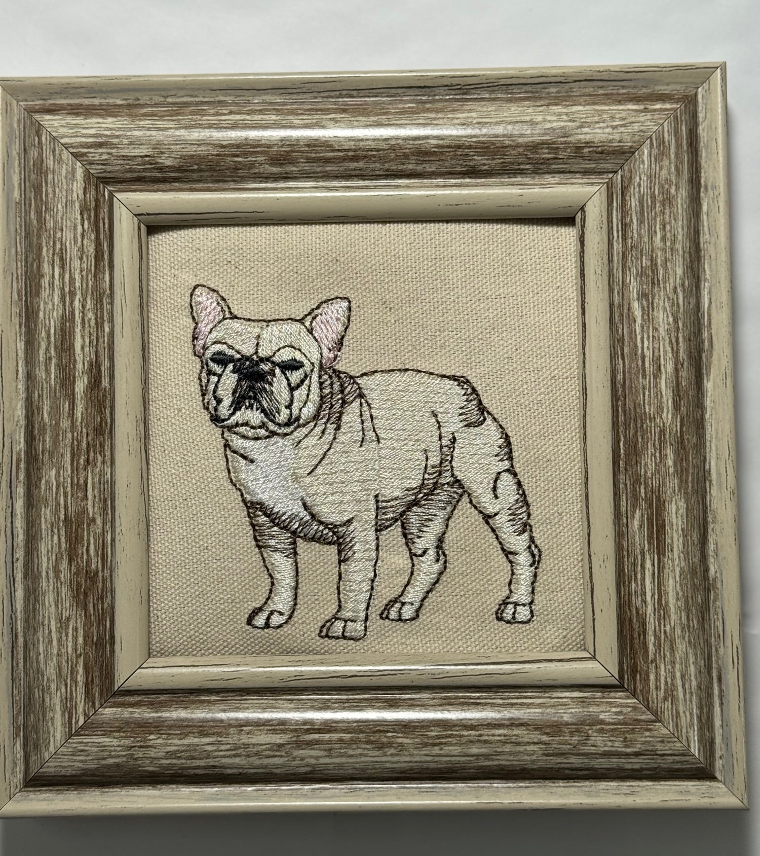 Cream French Bulldog (Frenchie) Machine Embroidered Framed Art | Tabletop Decor