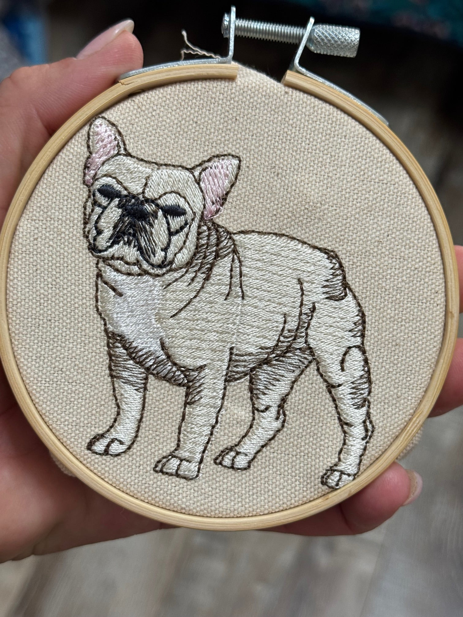 Cream French Bulldog (Frenchie) Machine Embroidered Framed Art | Tabletop Decor