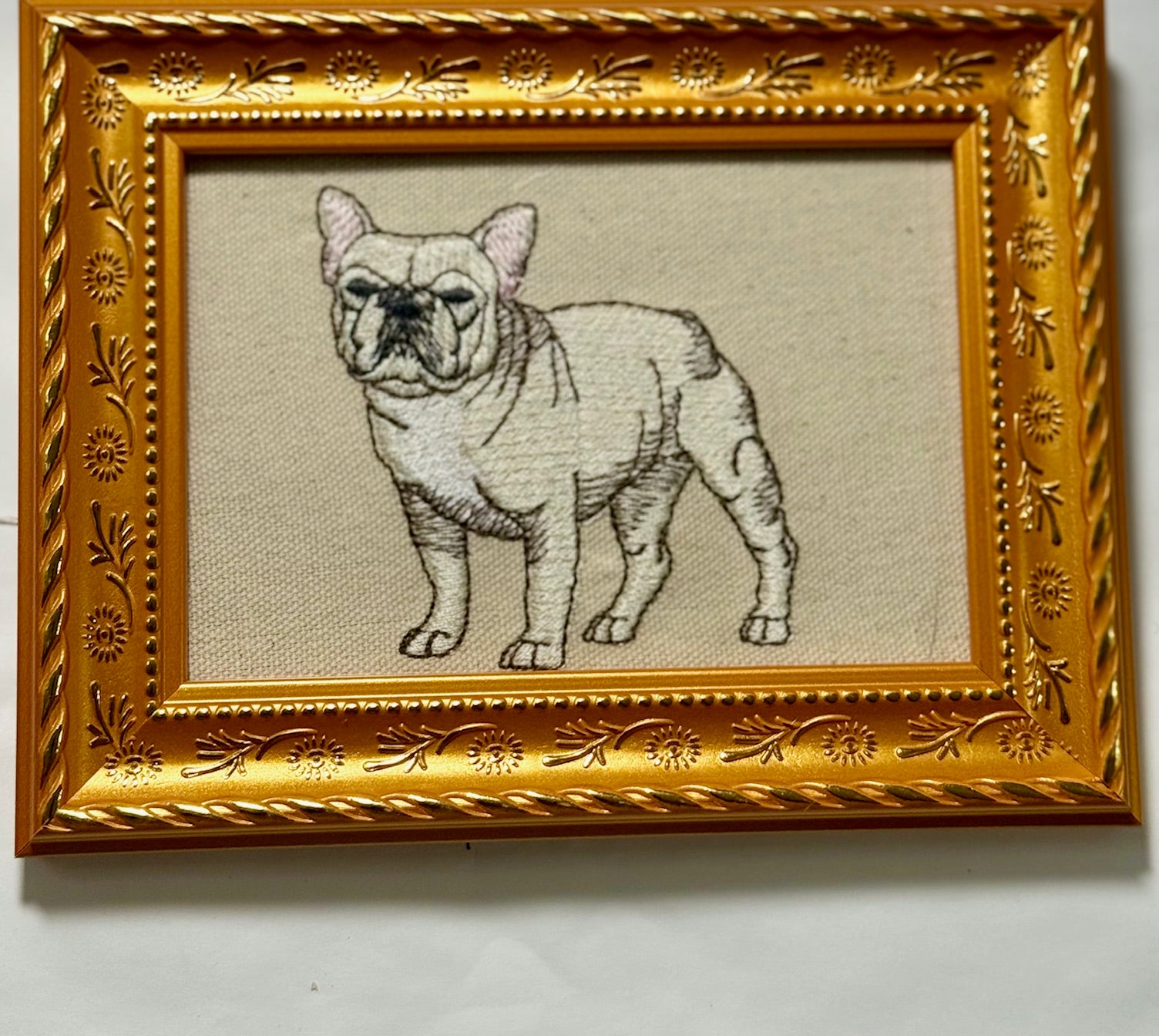Cream French Bulldog (Frenchie) Machine Embroidered Framed Art | Tabletop Decor
