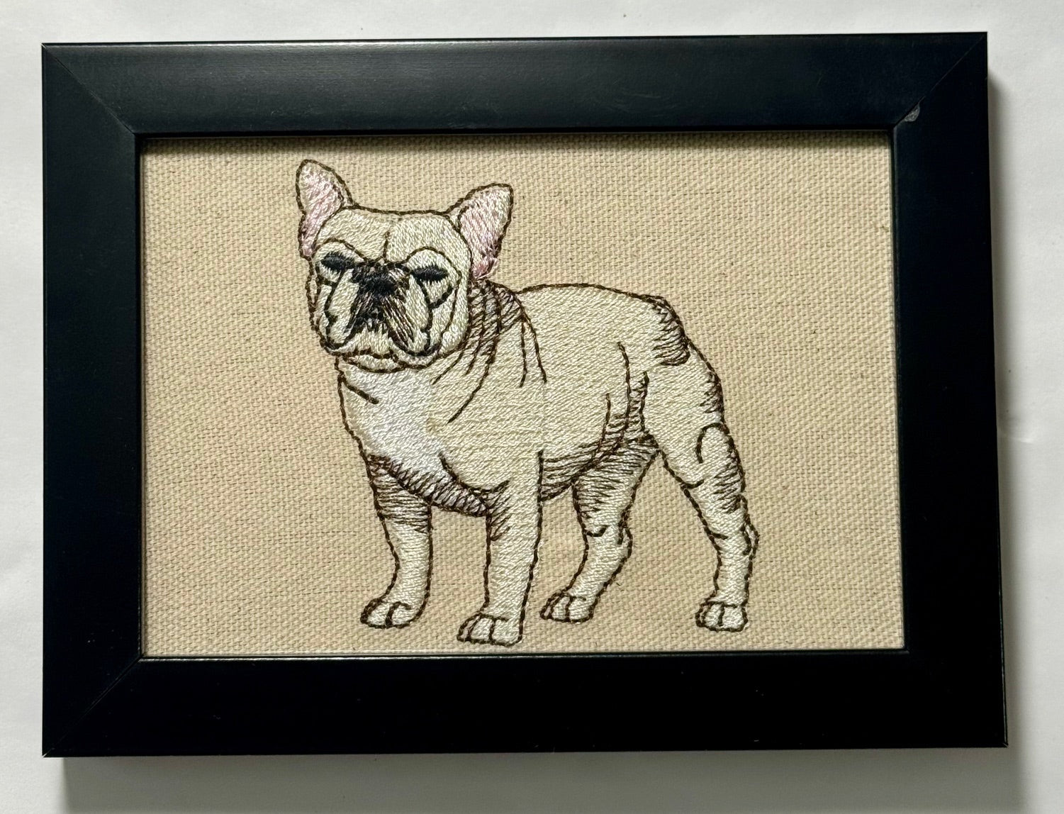 Cream French Bulldog (Frenchie) Machine Embroidered Framed Art | Tabletop Decor