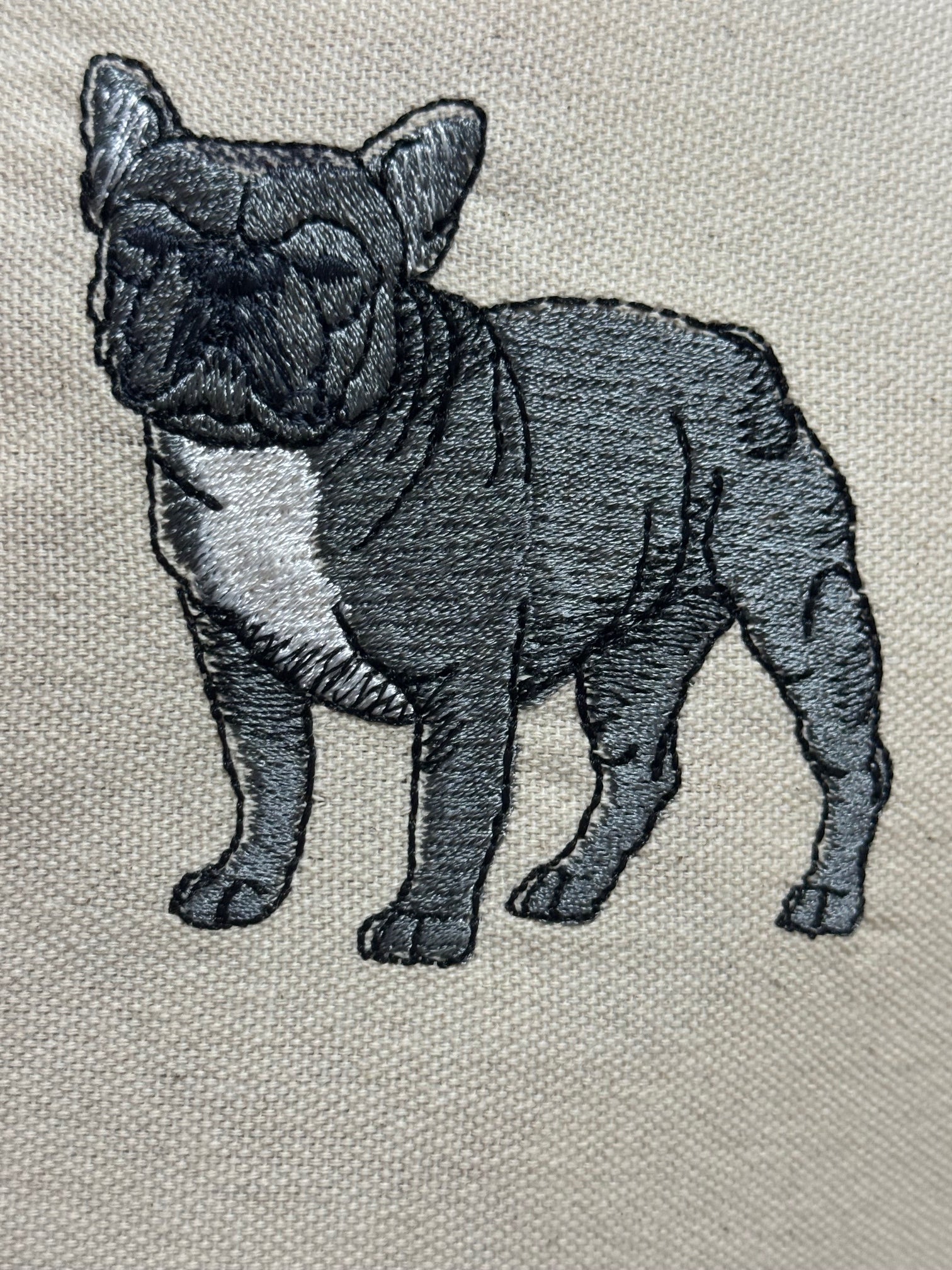 Grey French Bulldog (Frenchie) Machine Embroidered Framed Art | Tabletop Decor
