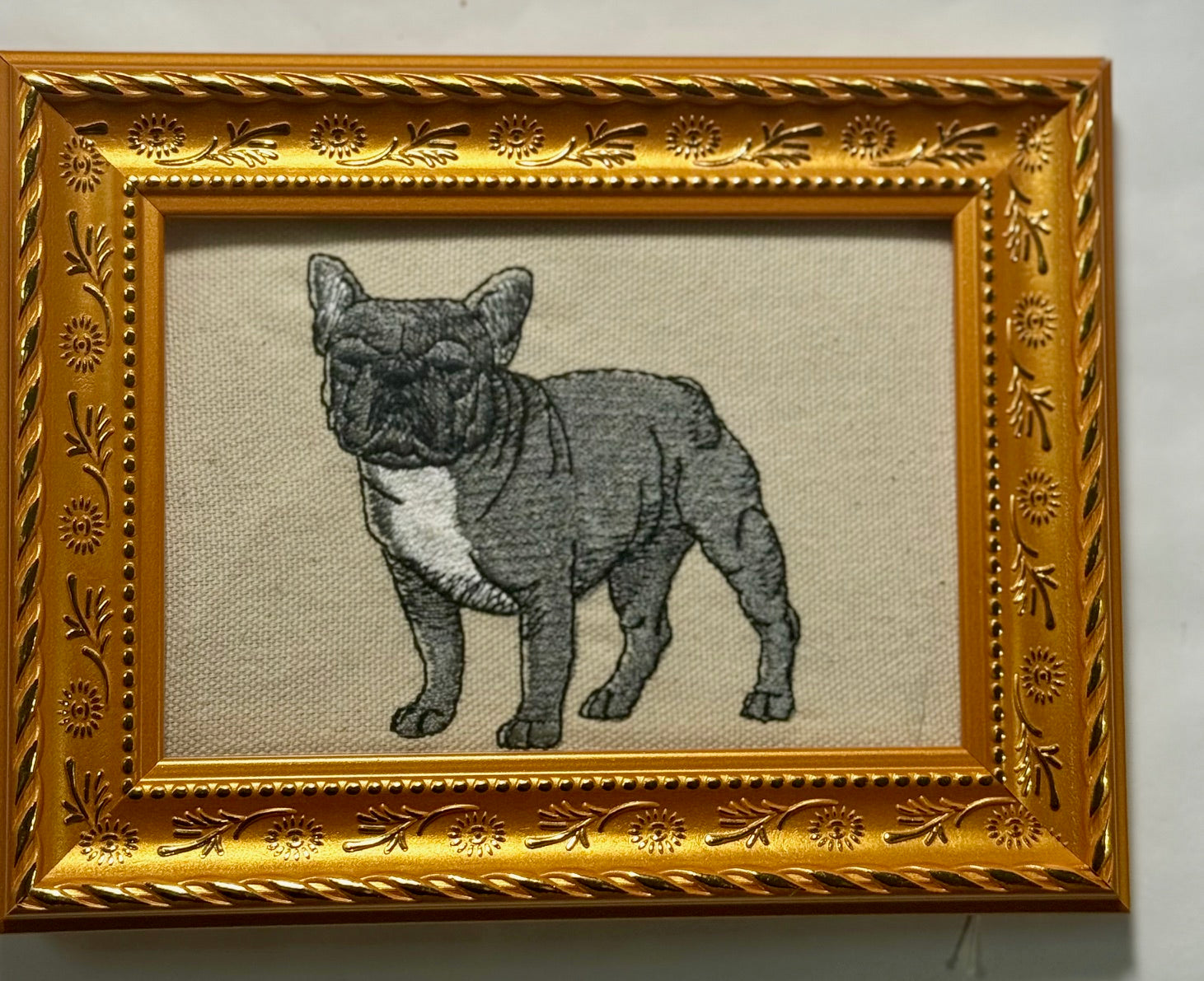Grey French Bulldog (Frenchie) Machine Embroidered Framed Art | Tabletop Decor