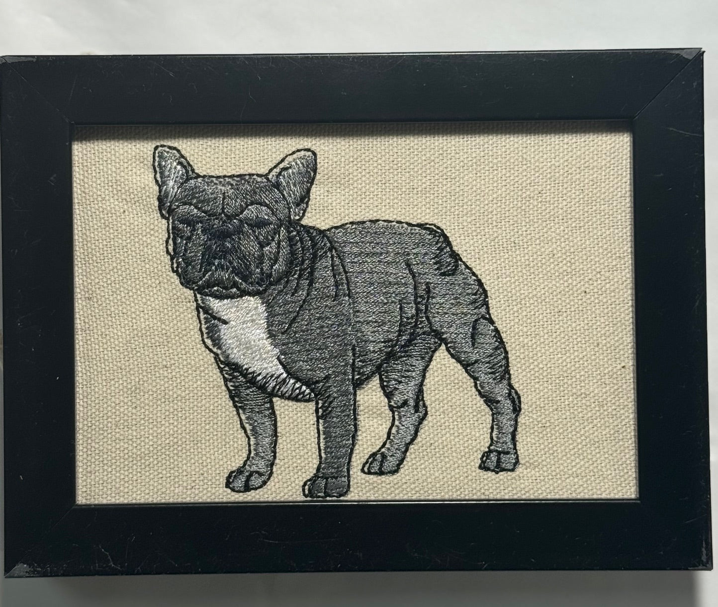 Grey French Bulldog (Frenchie) Machine Embroidered Framed Art | Tabletop Decor