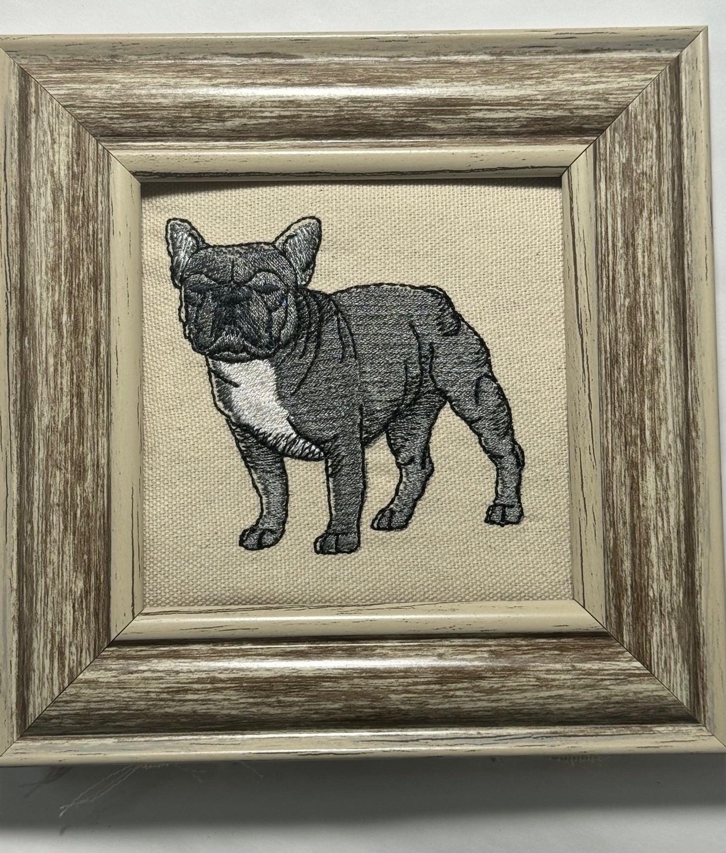 Grey French Bulldog (Frenchie) Machine Embroidered Framed Art | Tabletop Decor
