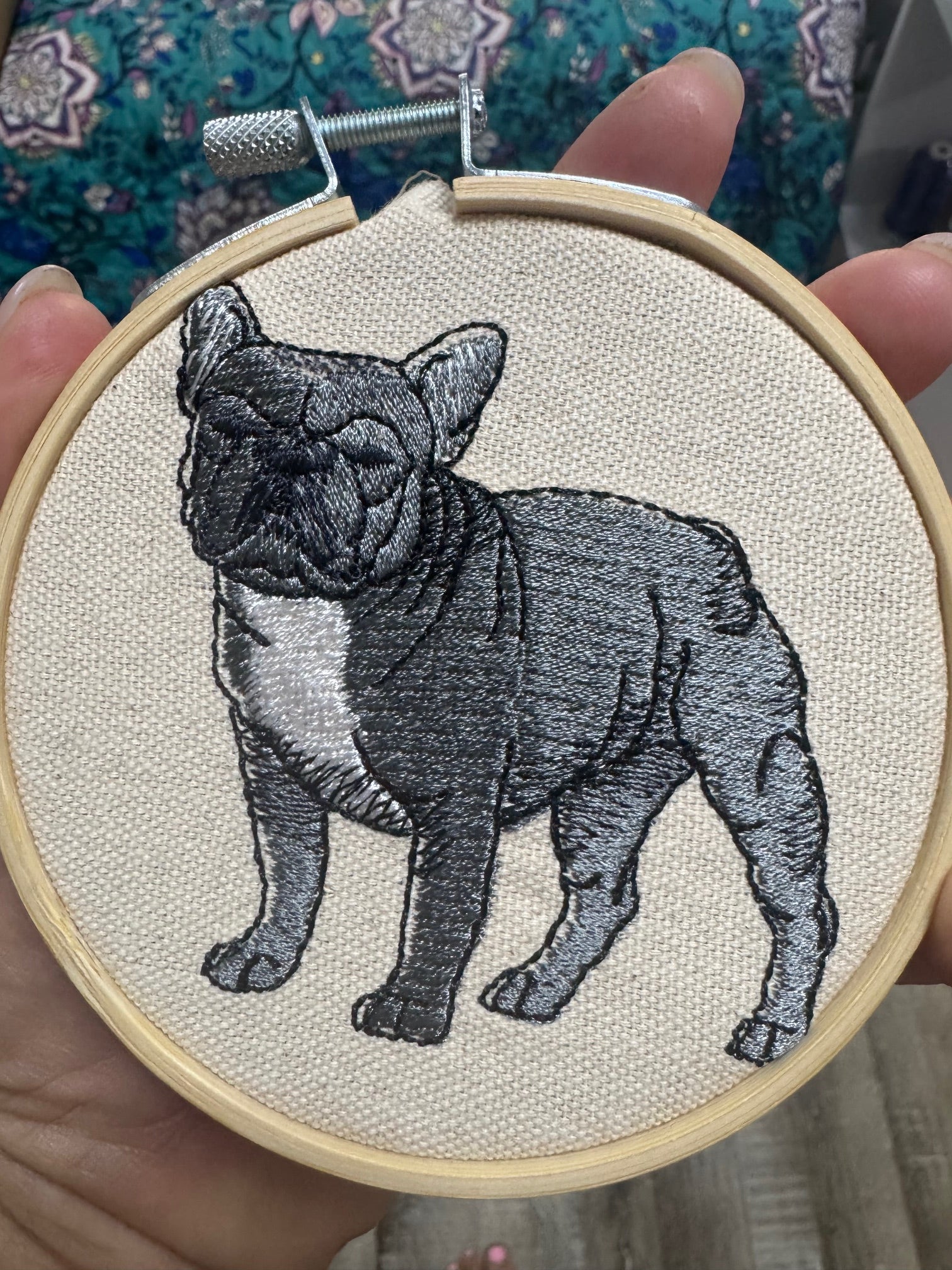Grey French Bulldog (Frenchie) Machine Embroidered Framed Art | Tabletop Decor