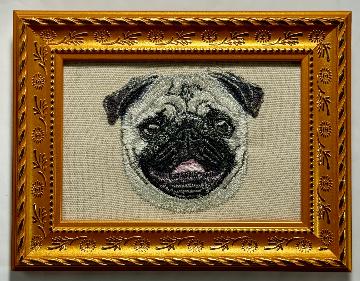 Pug Machine Embroidered Framed Art No. 3 | Tabletop Decor