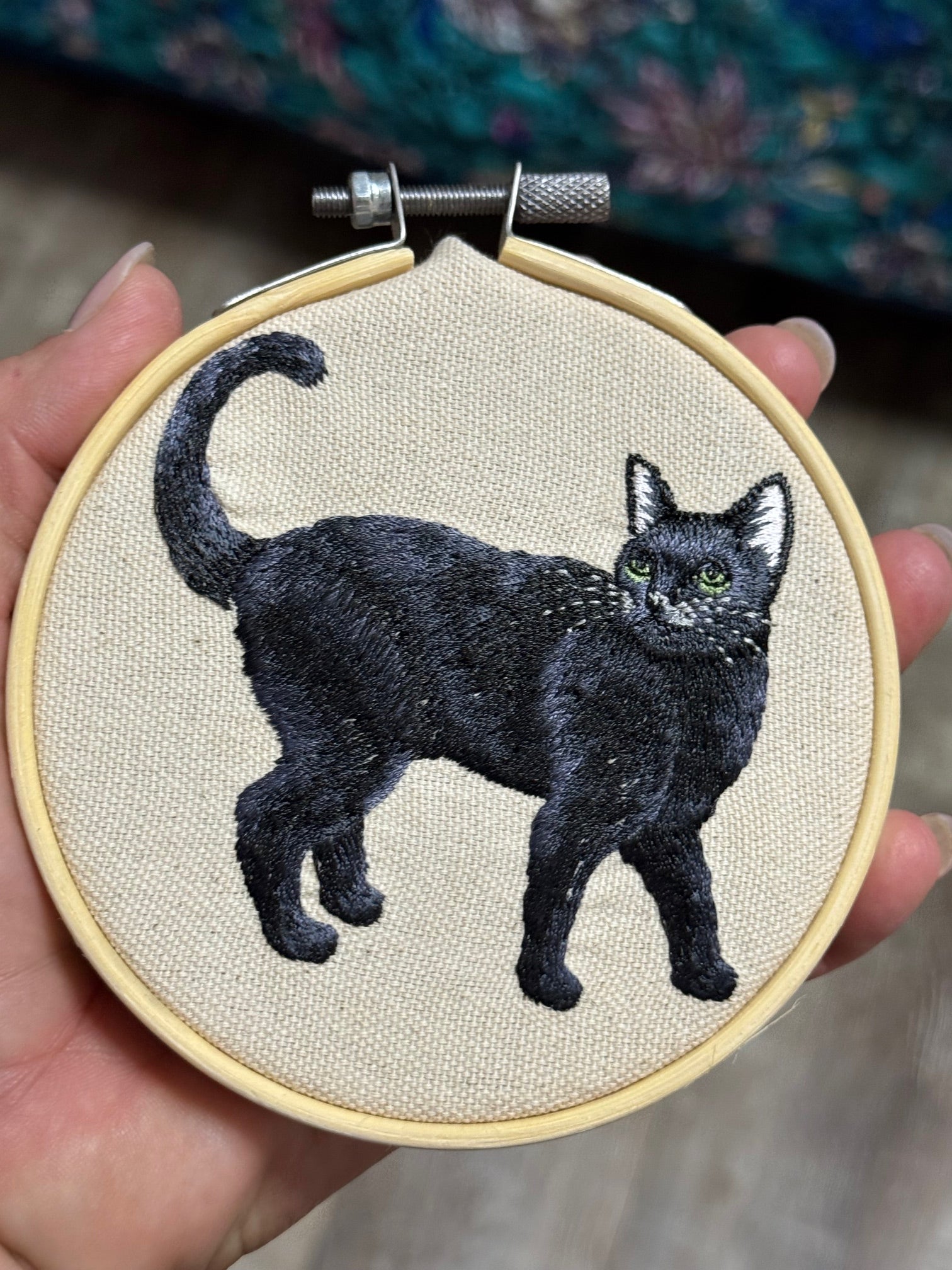 Black Cat Machine Embroidered Framed Art | Tabletop Decor