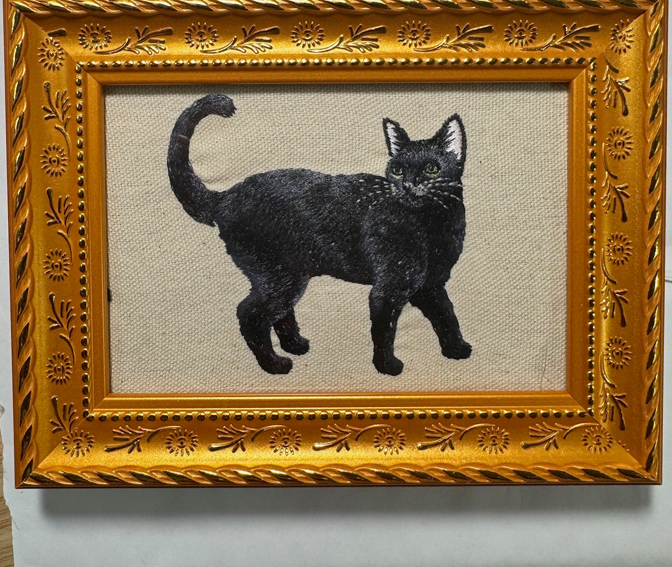 Black Cat Machine Embroidered Framed Art | Tabletop Decor