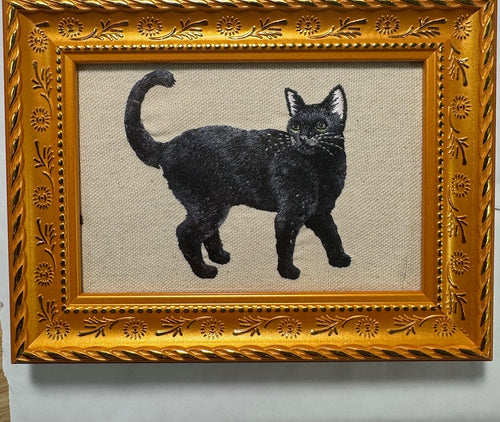 Black Cat Machine Embroidered Framed Art | Tabletop Decor
