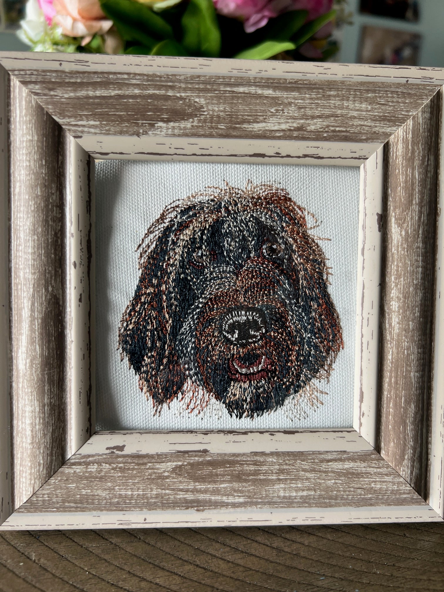 Doodle German Pointer Machine Embroidered Framed Art | Tabletop Decor for Home or Office