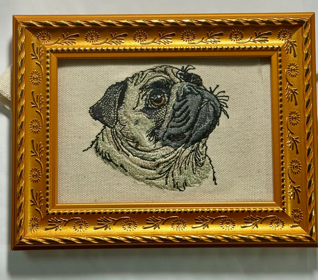 Pug Machine Embroidered Framed Art No. 2 | Tabletop Decor