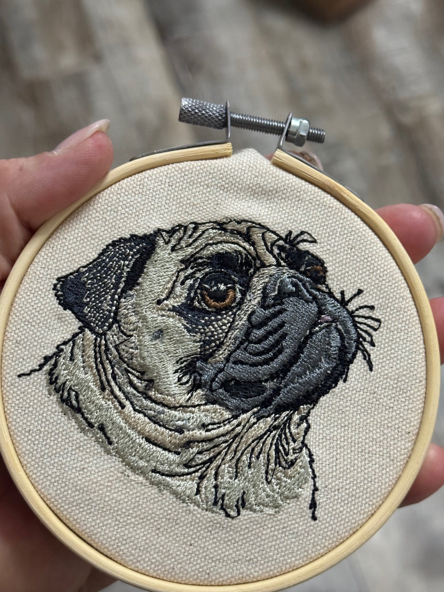 Pug Machine Embroidered Framed Art No. 2 | Tabletop Decor