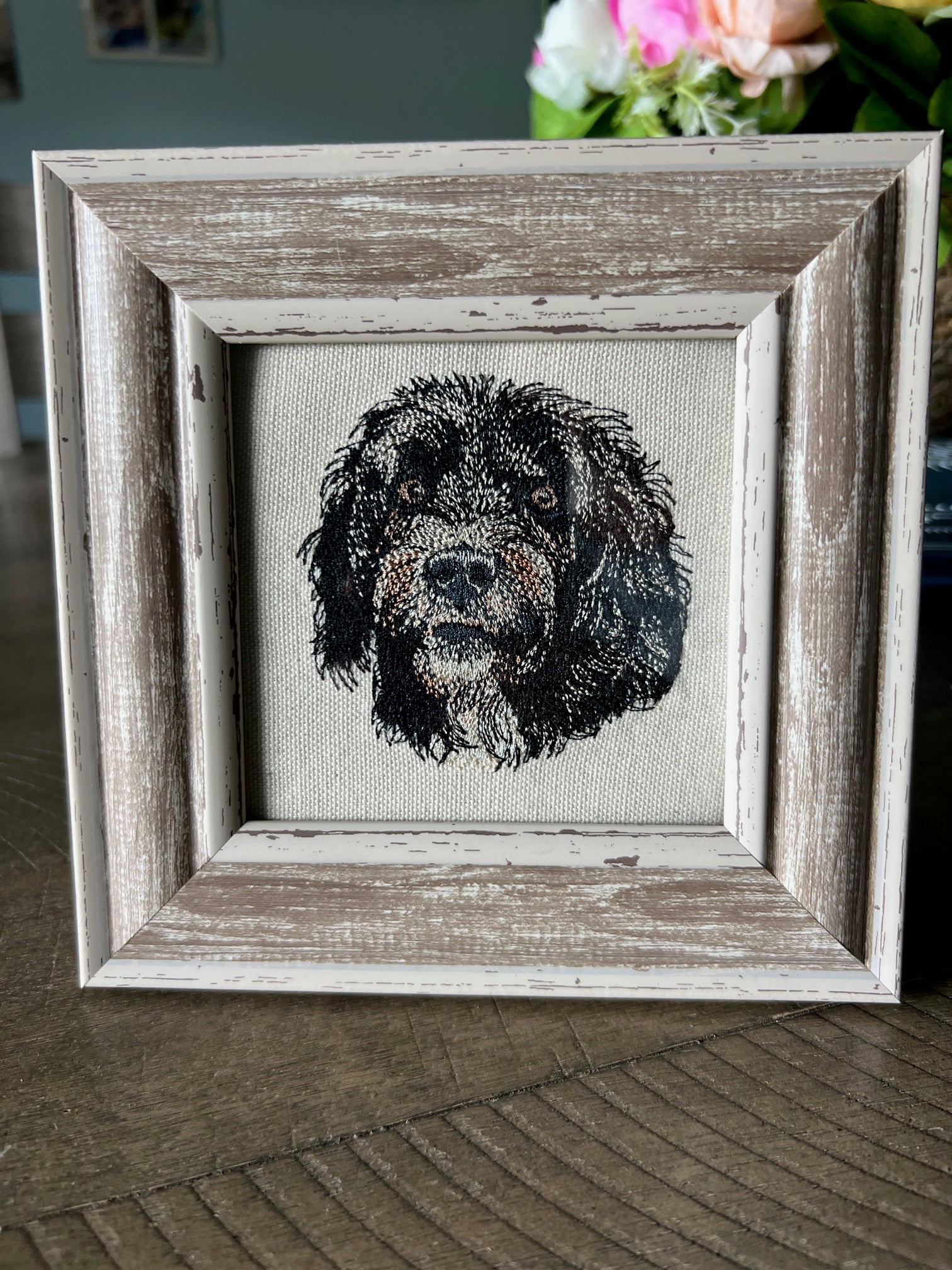 Portuguese Water Dog Machine Embroidered Framed Art | Tabletop Decor for Home or Office