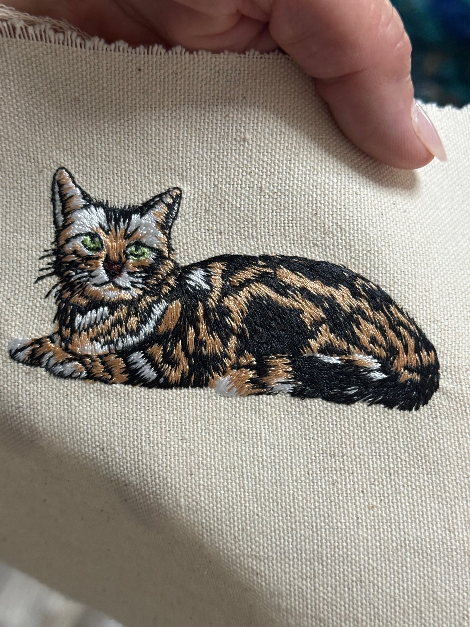 Calico Tortoiseshell Cat Machine Embroidered Framed Art | Tabletop Decor