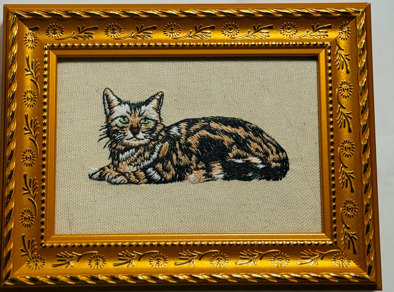 Calico Tortoiseshell Cat Machine Embroidered Framed Art | Tabletop Decor