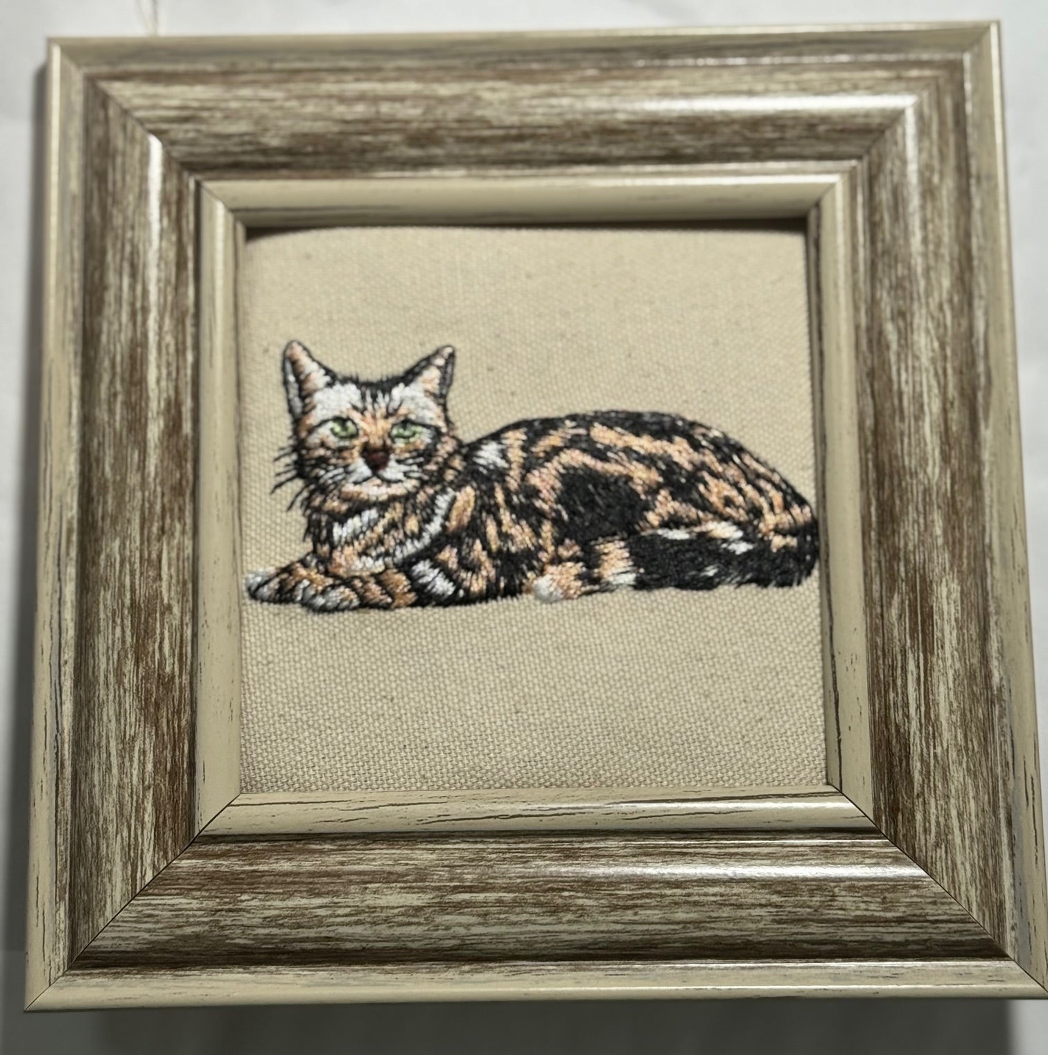 Calico Tortoiseshell Cat Machine Embroidered Framed Art | Tabletop Decor