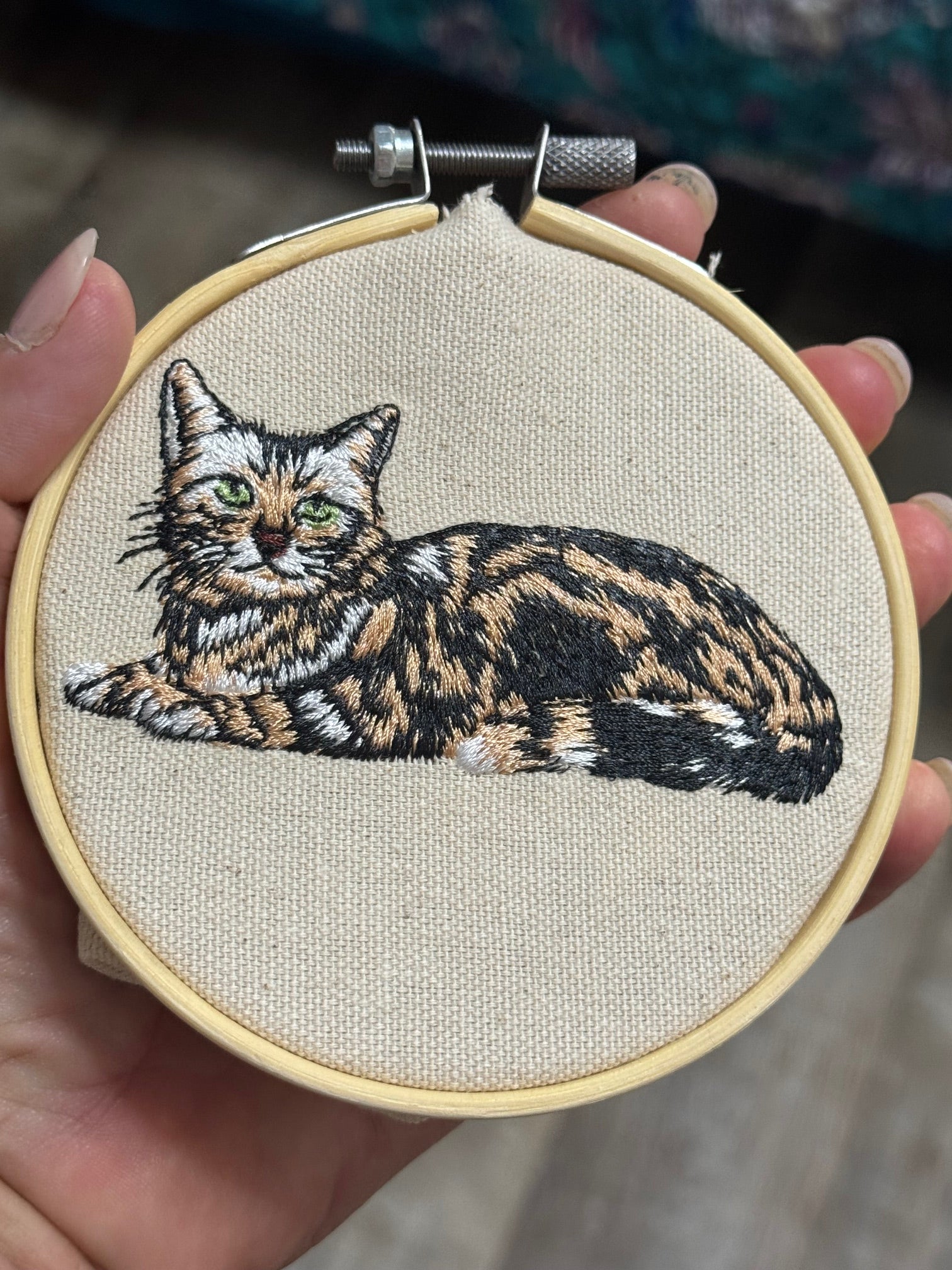 Calico Tortoiseshell Cat Machine Embroidered Framed Art | Tabletop Decor