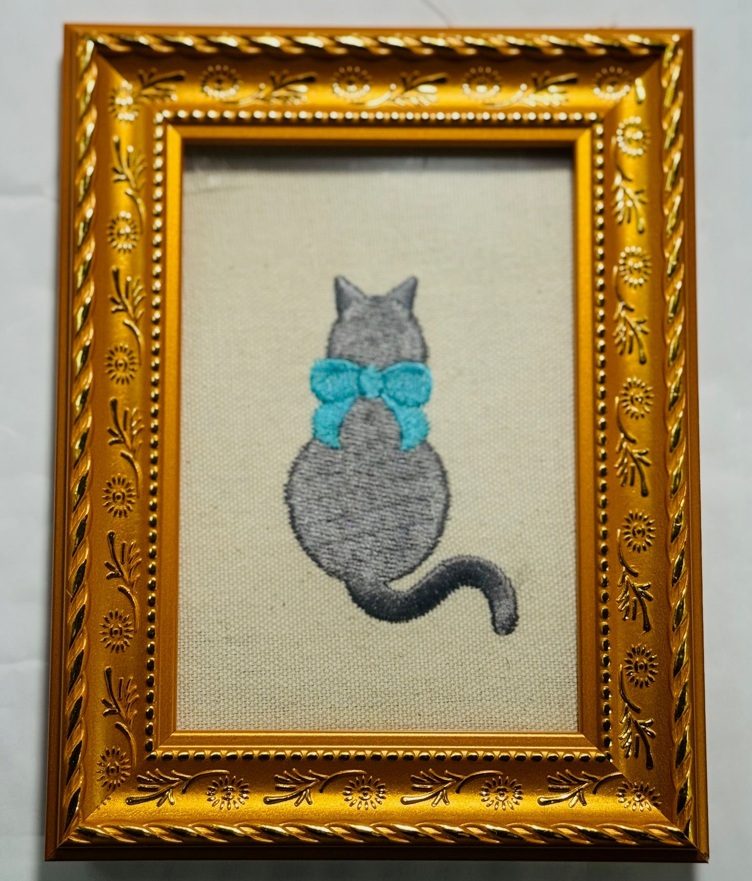 Cat Machine Embroidered Framed Art | Tabletop Decor