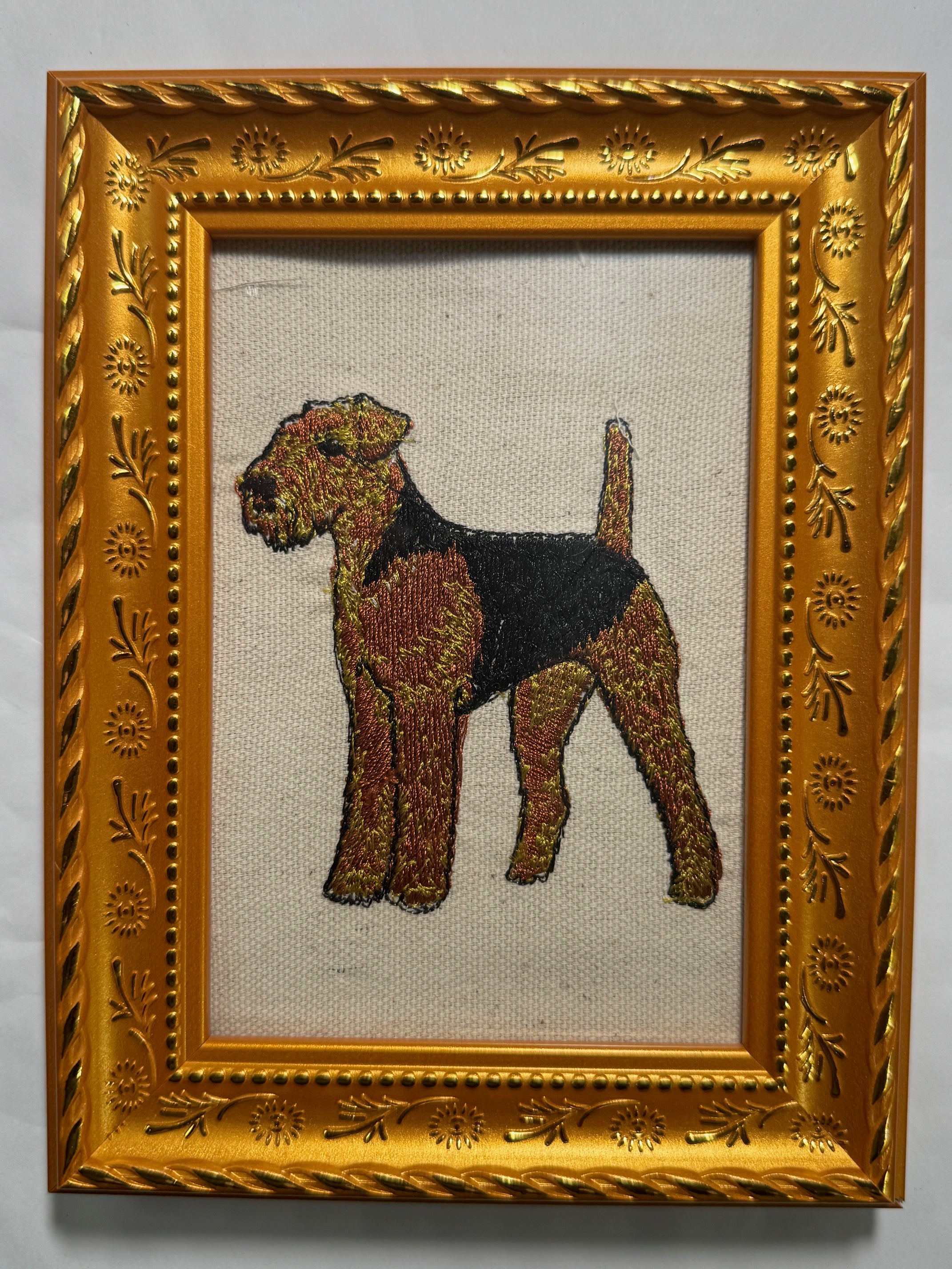 Airedale Terrier Machine Embroidered Framed Art | Tabletop Decor