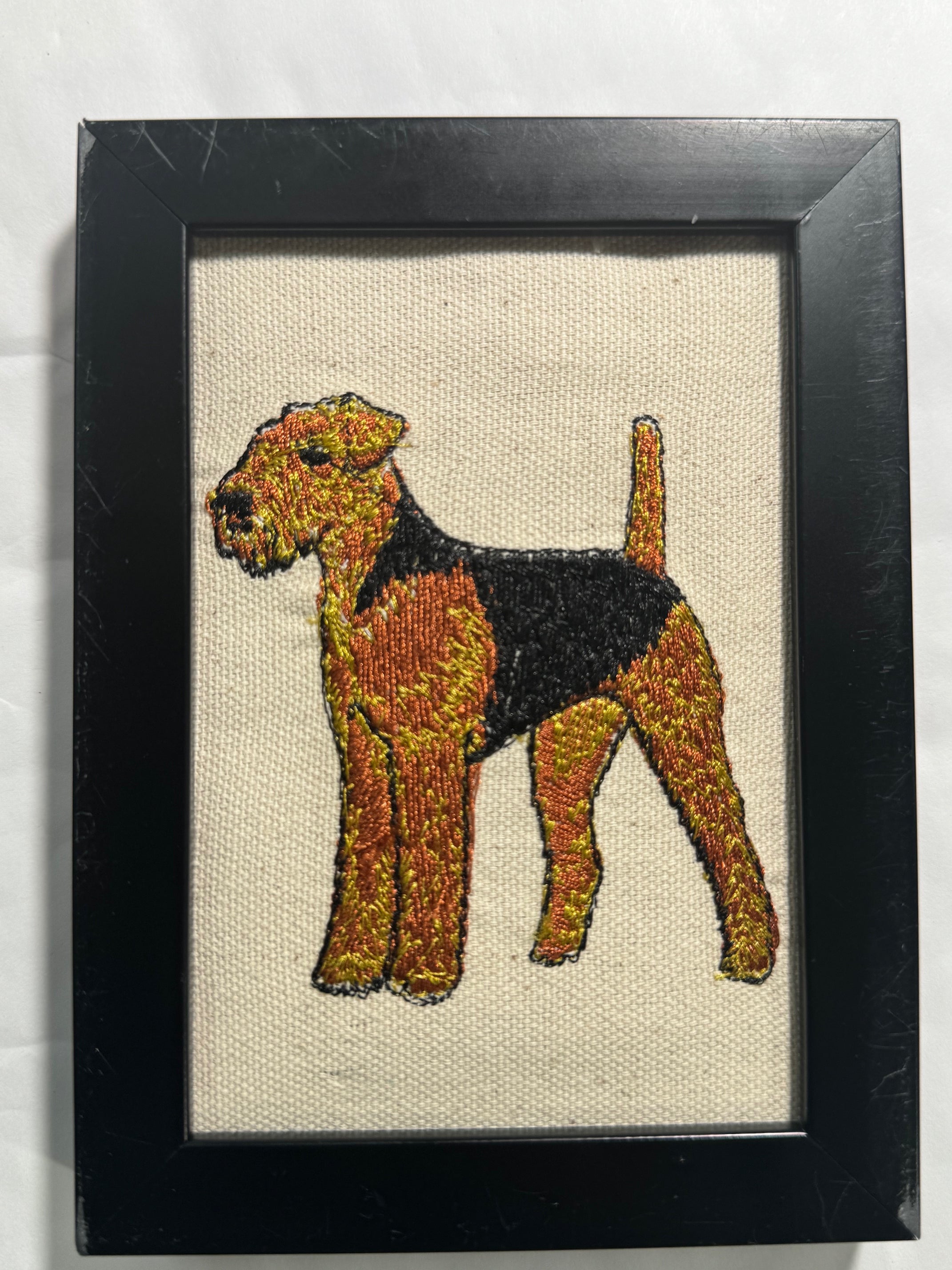 Airedale Terrier Machine Embroidered Framed Art | Tabletop Decor