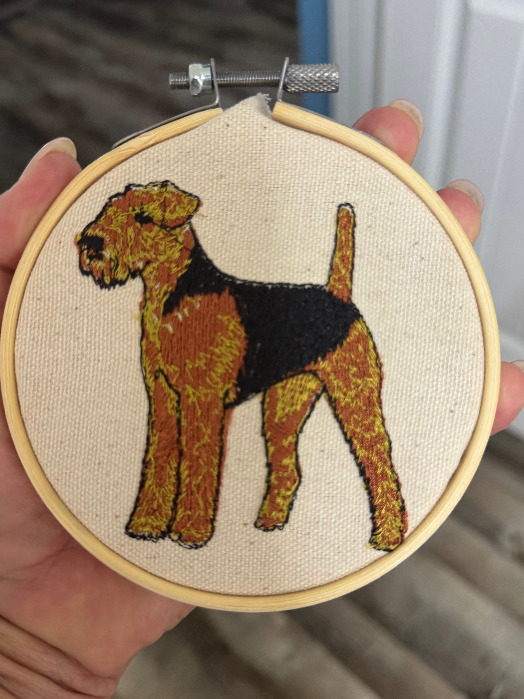 Airedale Terrier Machine Embroidered Framed Art | Tabletop Decor