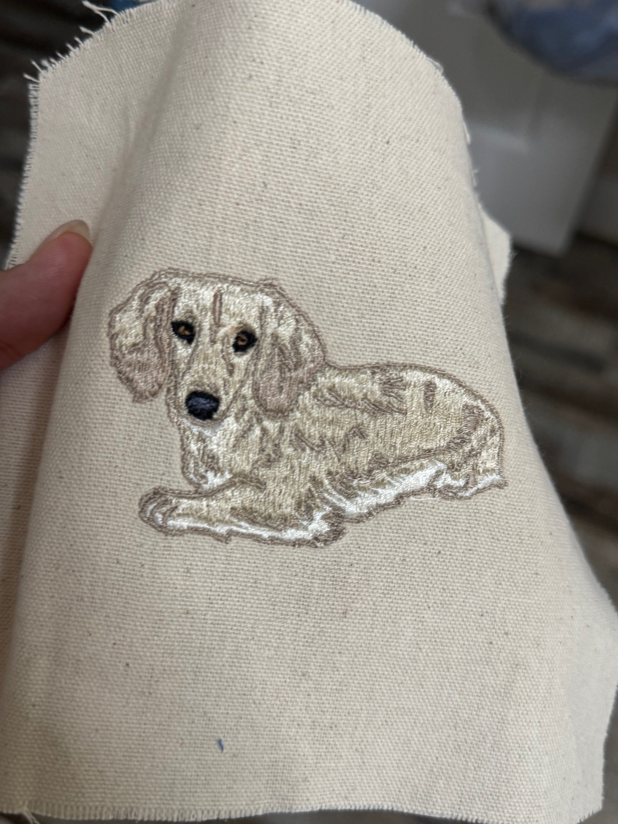 Blonde Dachshund Machine Embroidered Framed Art | Tabletop Decor