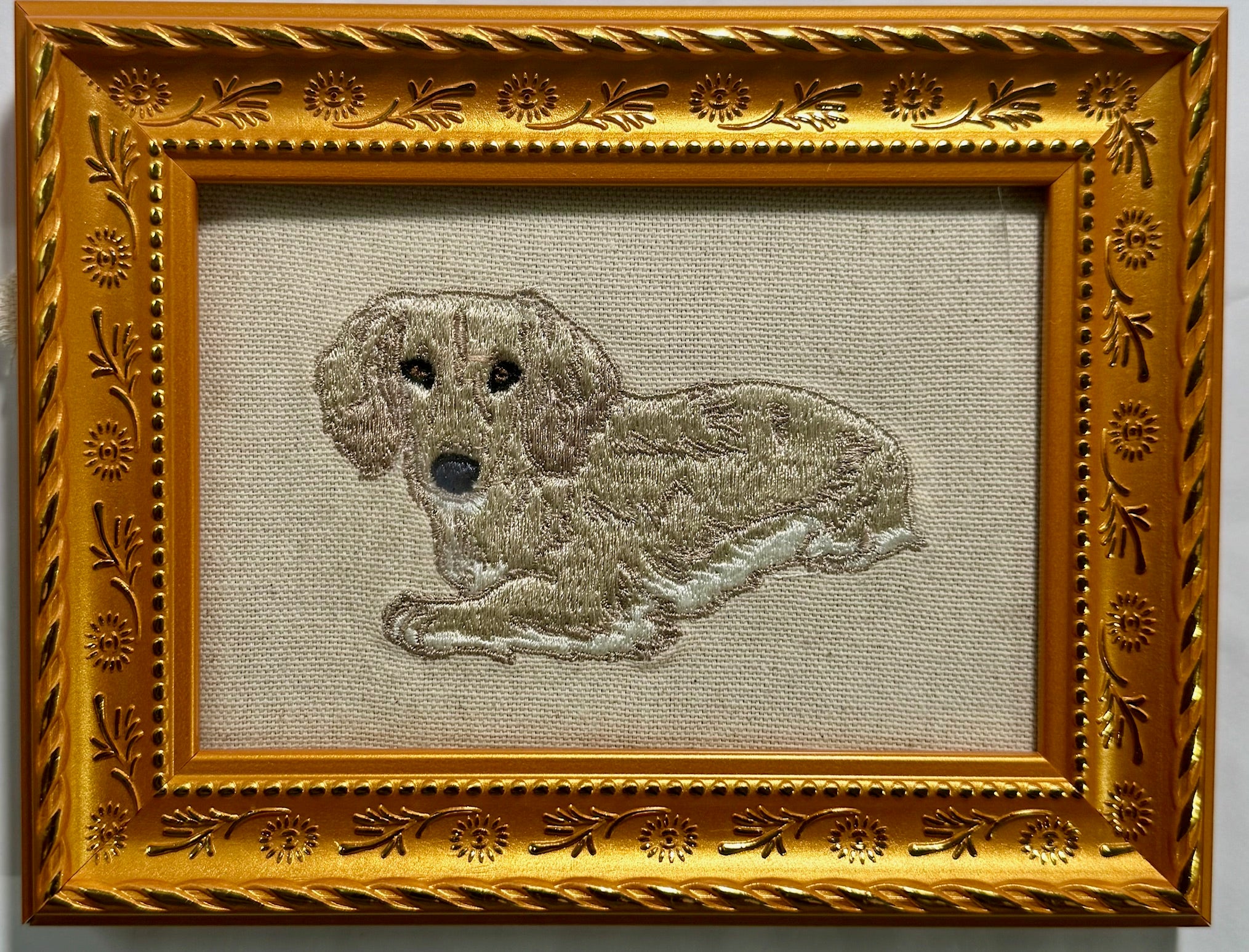 Blonde Dachshund Machine Embroidered Framed Art | Tabletop Decor