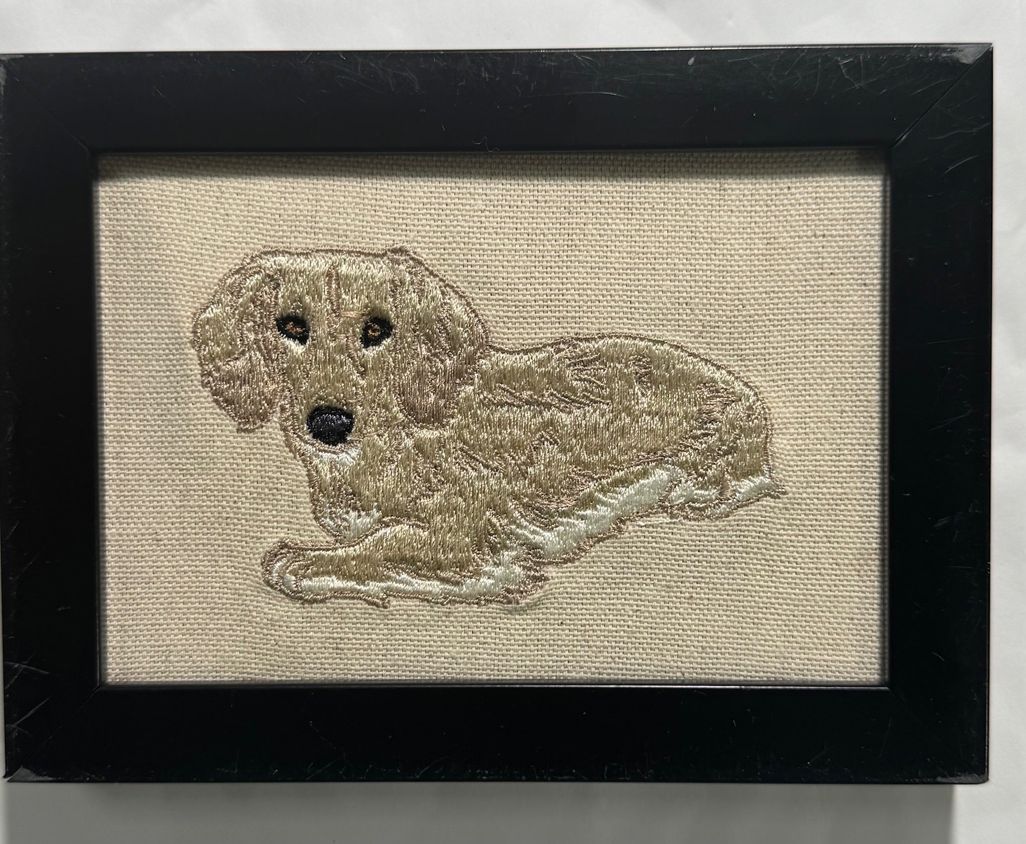 Blonde Dachshund Machine Embroidered Framed Art | Tabletop Decor