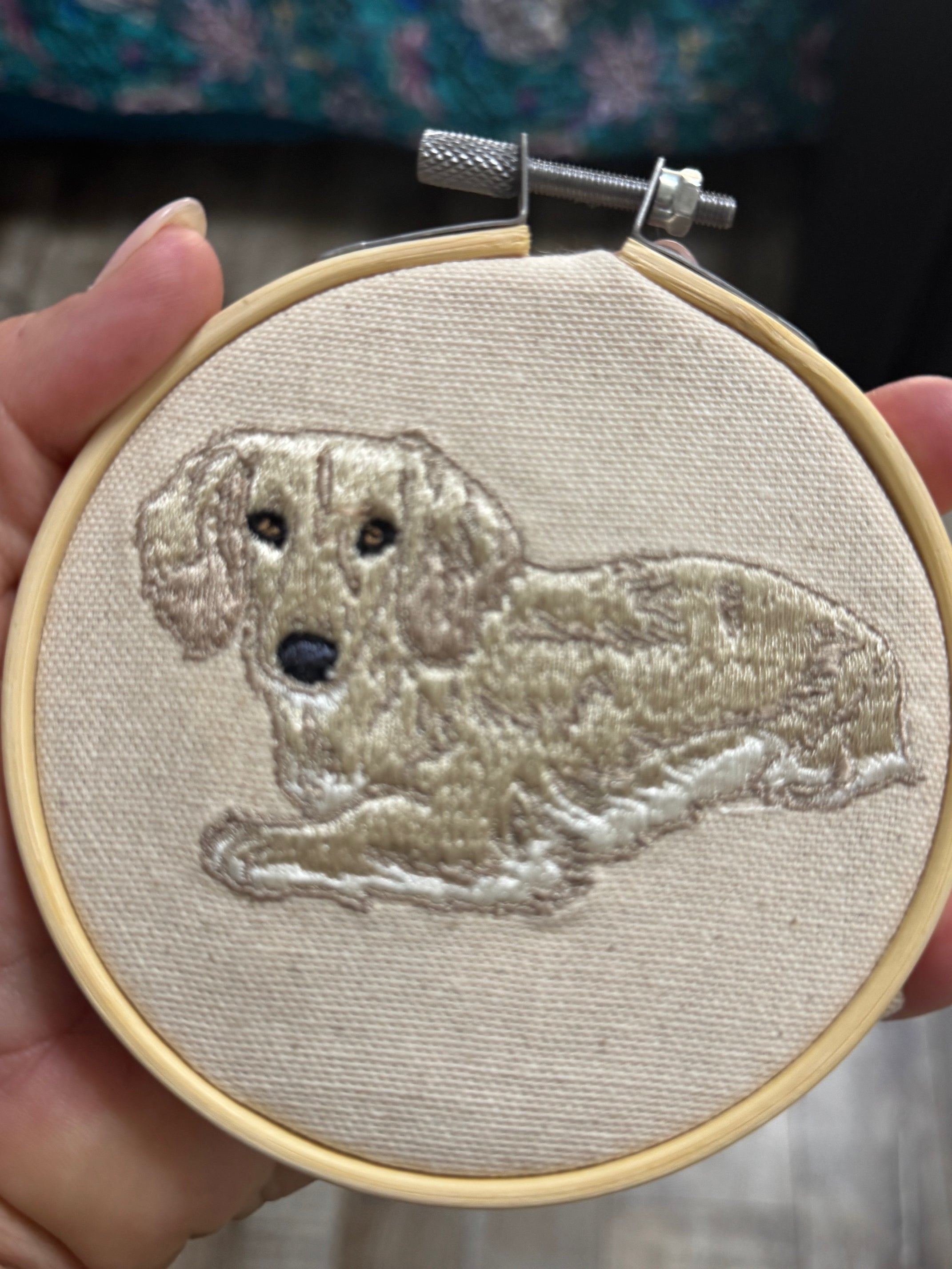 Blonde Dachshund Machine Embroidered Framed Art | Tabletop Decor