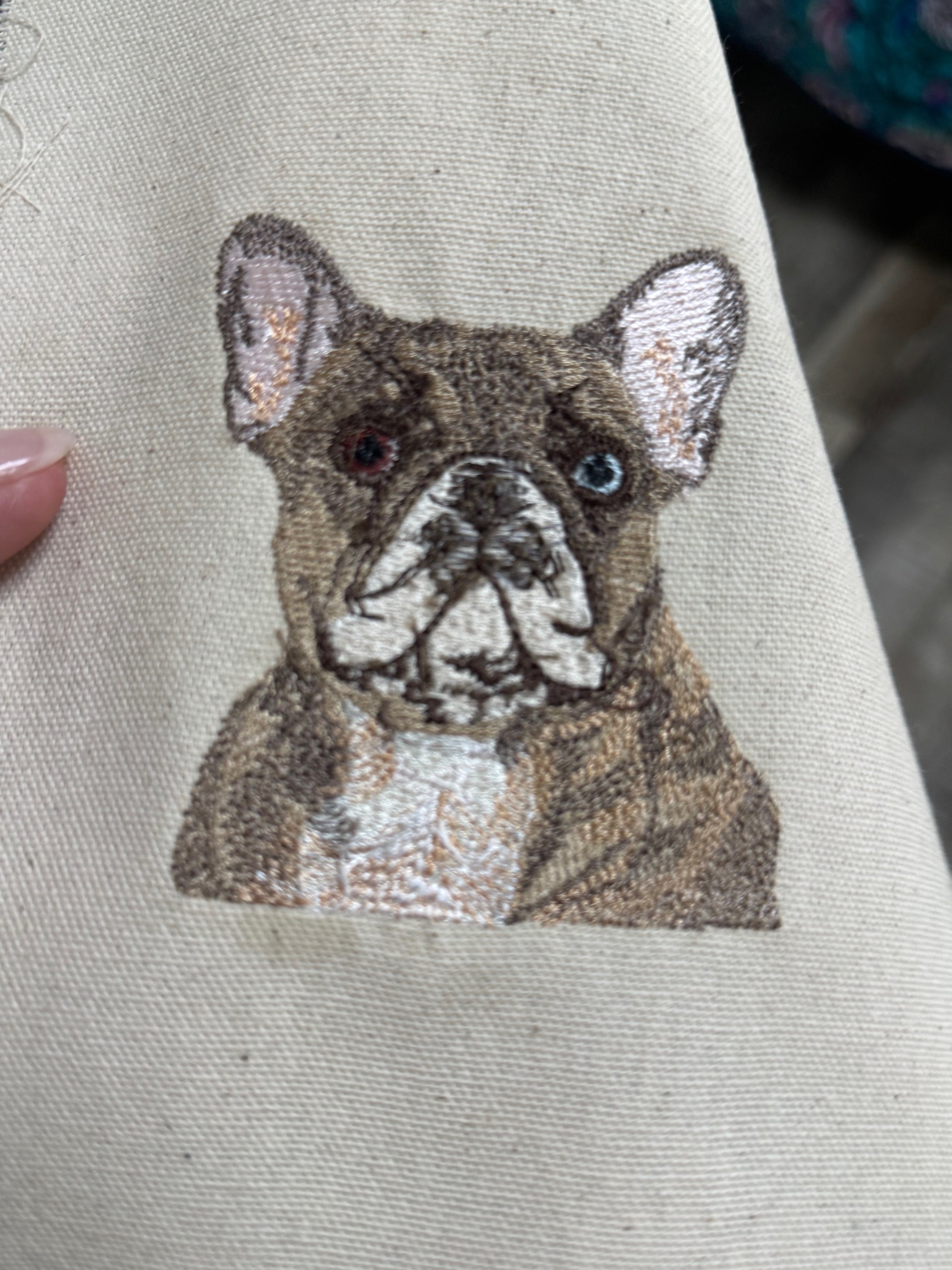 French Bulldog (Frenchie) Machine Embroidered Framed Art | Tabletop Decor
