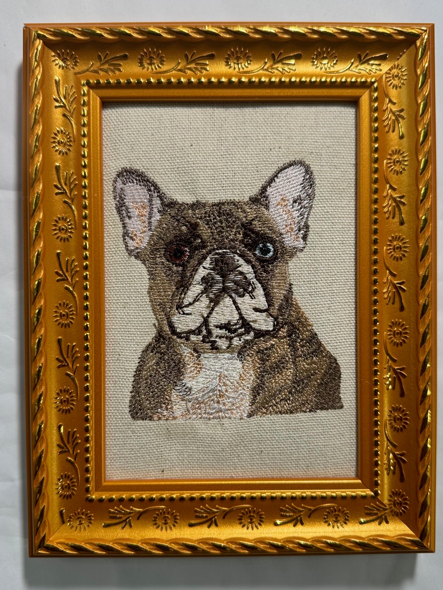 French Bulldog (Frenchie) Machine Embroidered Framed Art | Tabletop Decor