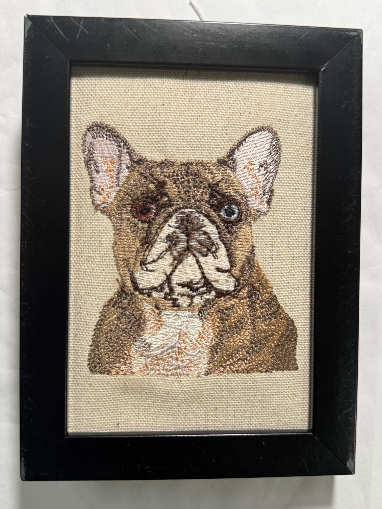 French Bulldog (Frenchie) Machine Embroidered Framed Art | Tabletop Decor