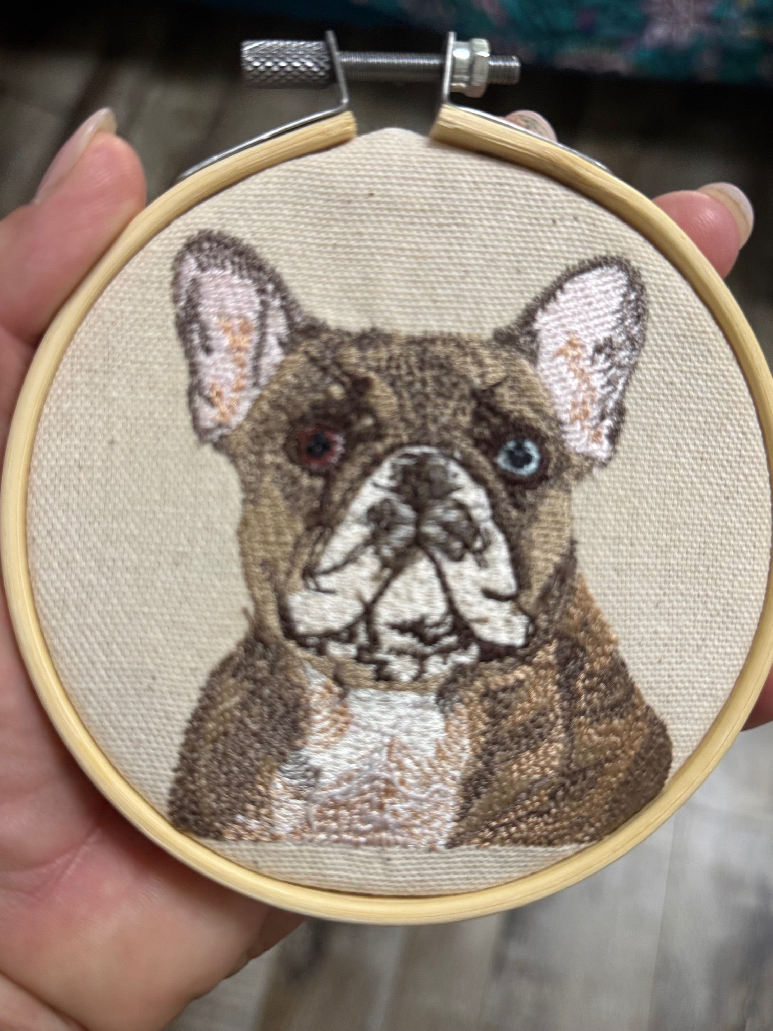 French Bulldog (Frenchie) Machine Embroidered Framed Art | Tabletop Decor