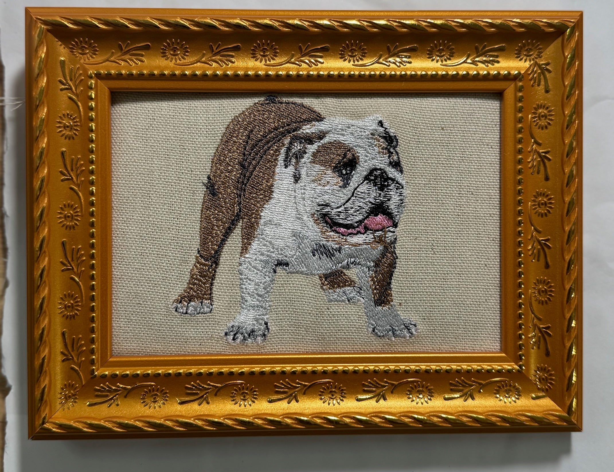 Bulldog Machine Embroidered Framed Art | Tabletop Decor