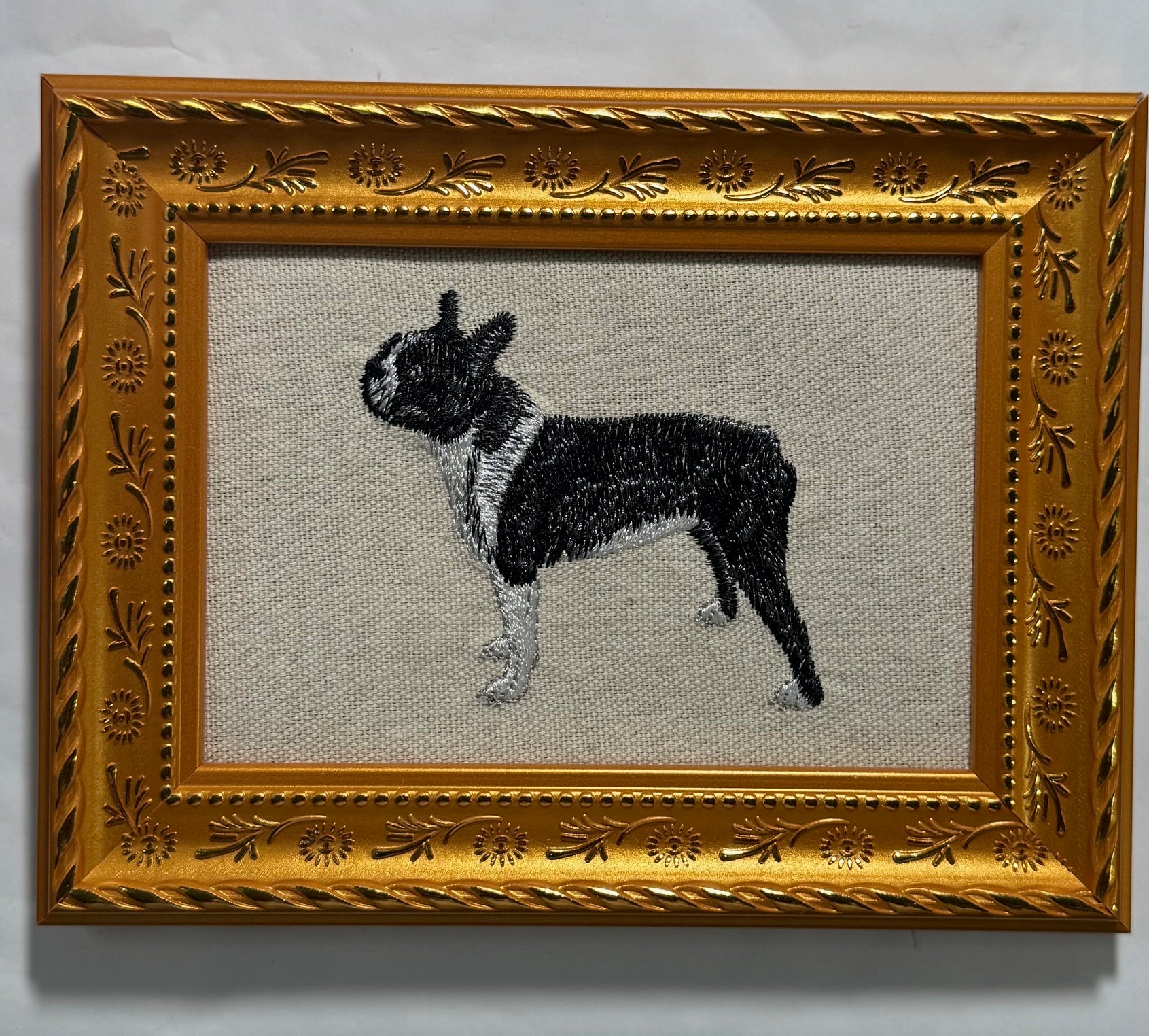 Boston Terrier Machine Embroidered Framed Art | Tabletop Decor