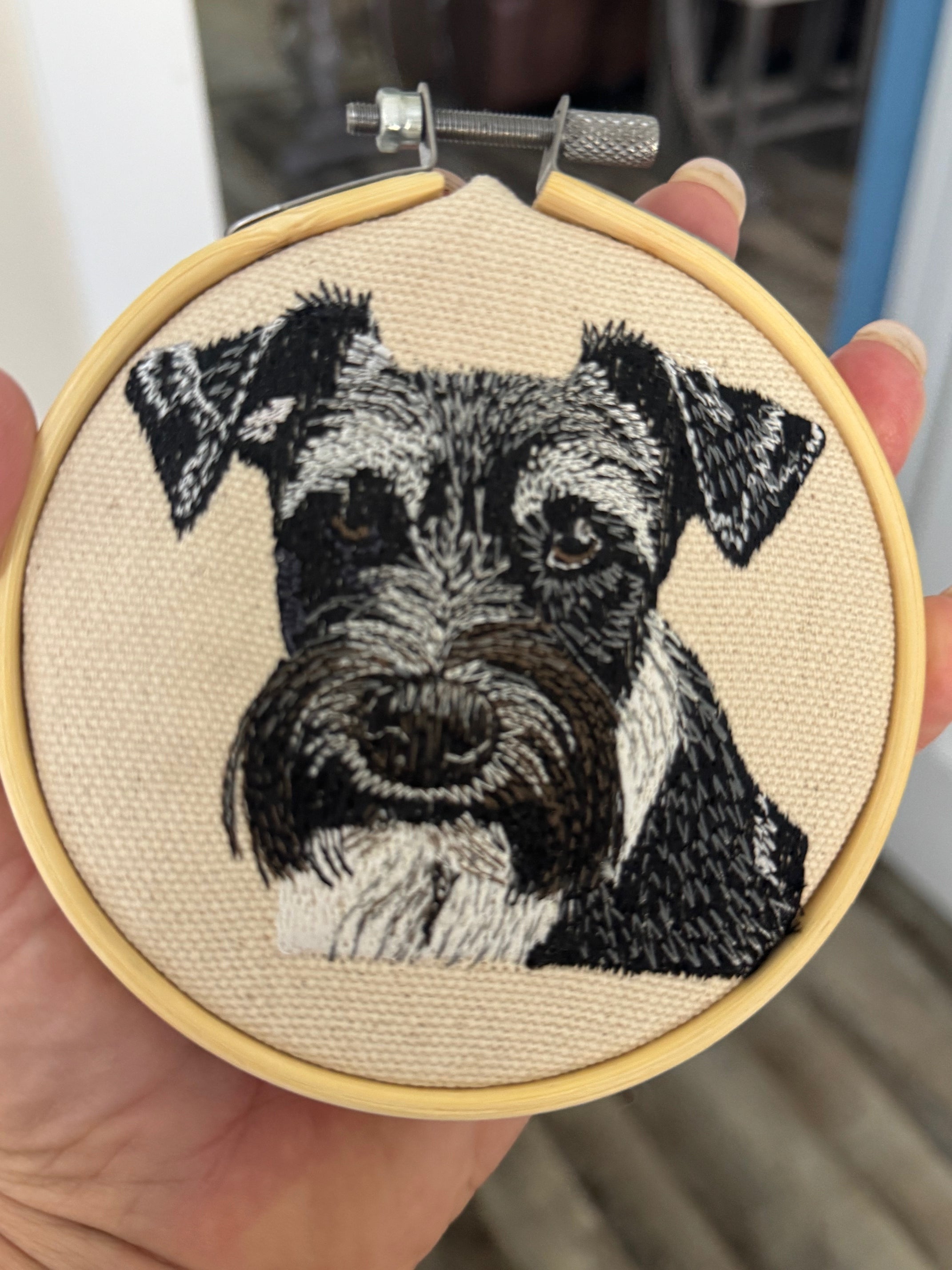Miniature Schnauzer Machine Embroidered Framed Art | Tabletop Decor