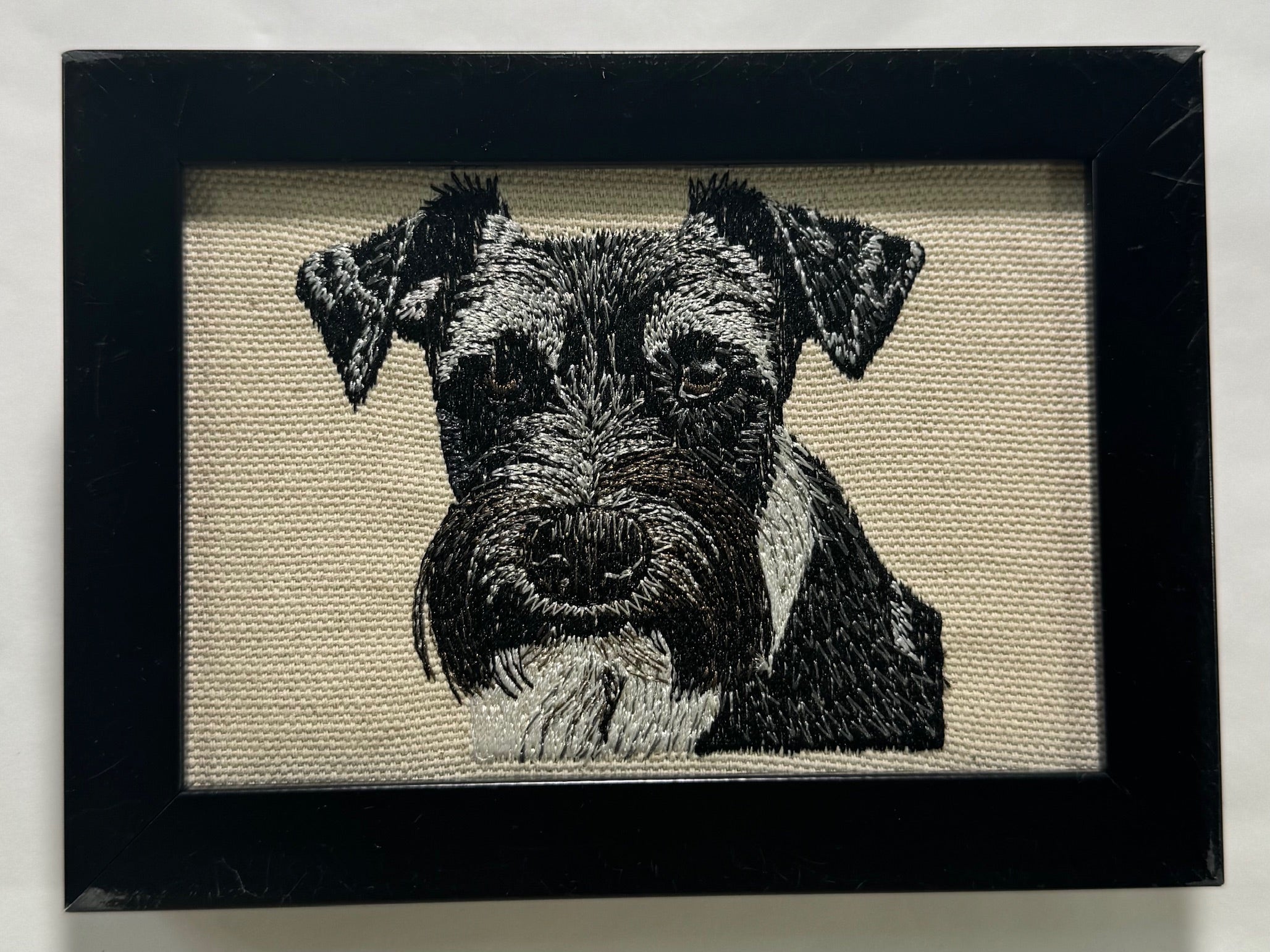 Miniature Schnauzer Machine Embroidered Framed Art | Tabletop Decor