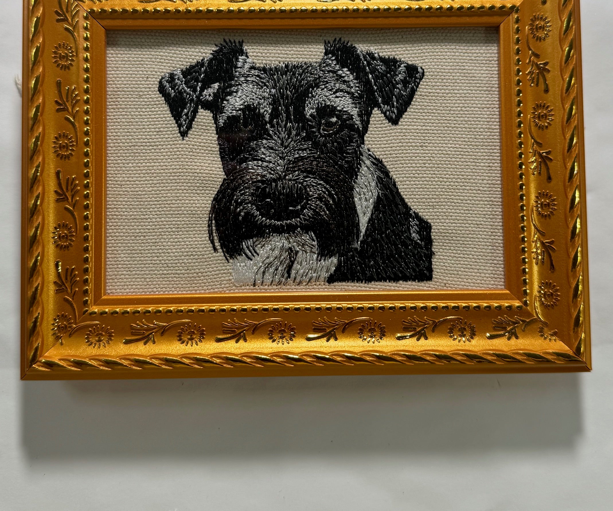 Miniature Schnauzer Machine Embroidered Framed Art | Tabletop Decor