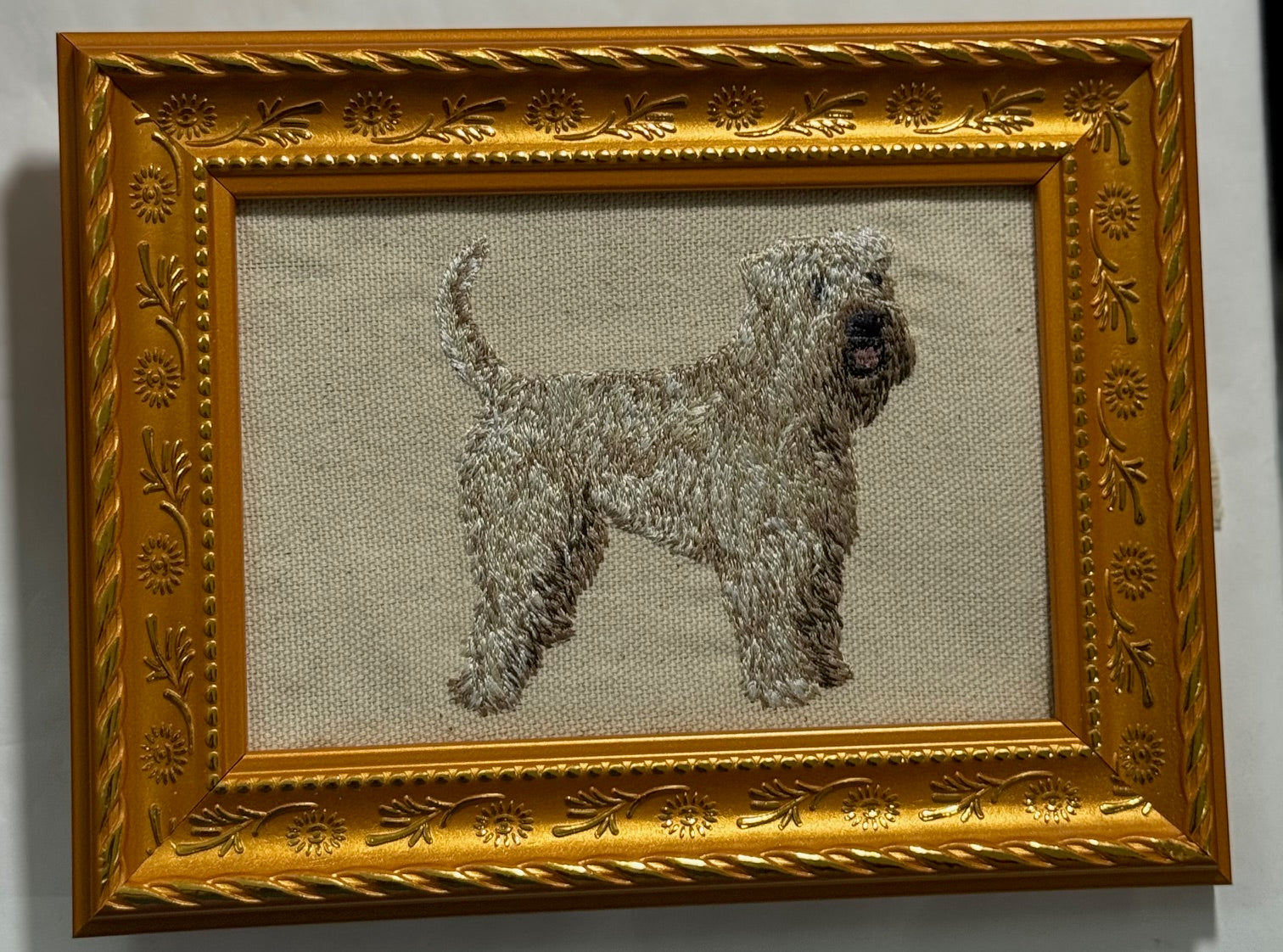 Wheaten Terrier Machine Embroidered Framed Art | Tabletop Decor