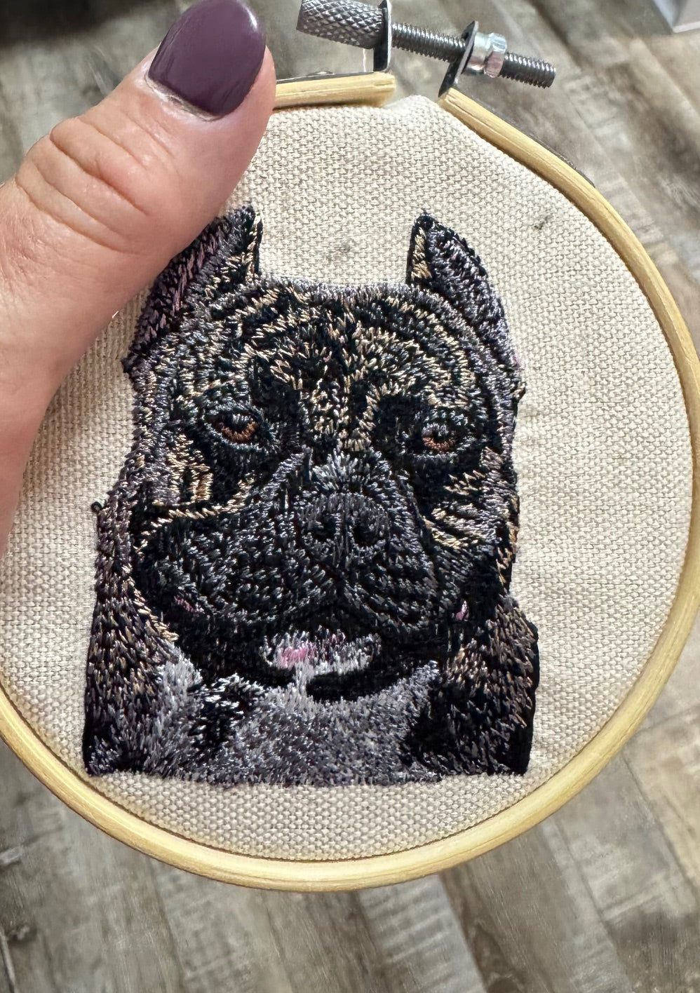 American Bully Pitbull Dog Breed Machine Embroidered on Canvas Fabric and Framed!