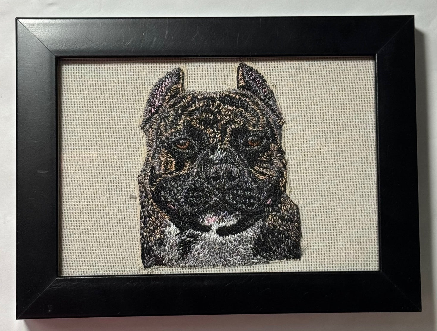 American Bully Pitbull Dog Breed Machine Embroidered on Canvas Fabric and Framed!