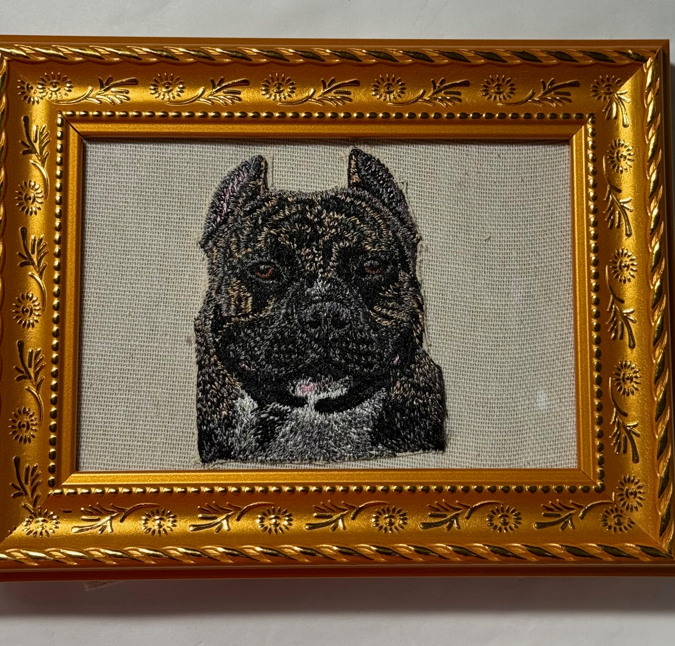 American Bully Pitbull Dog Breed Machine Embroidered on Canvas Fabric and Framed!