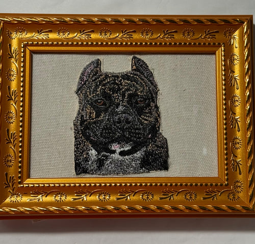 American Bully Pitbull Dog Breed Machine Embroidered on Canvas Fabric and Framed!
