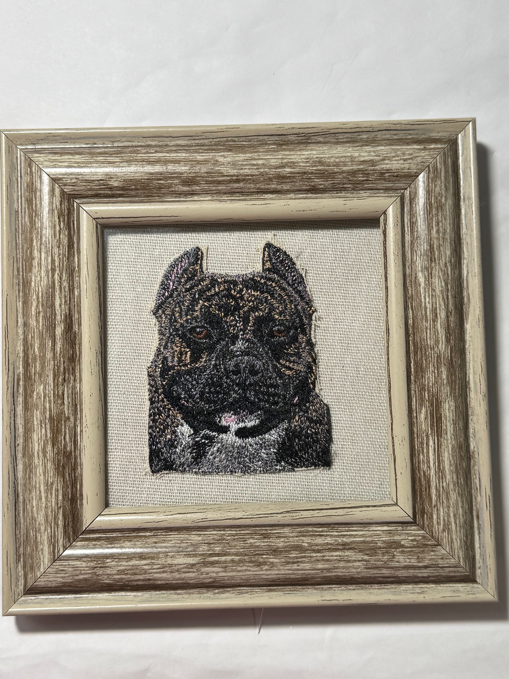 American Bully Pitbull Dog Breed Machine Embroidered on Canvas Fabric and Framed!