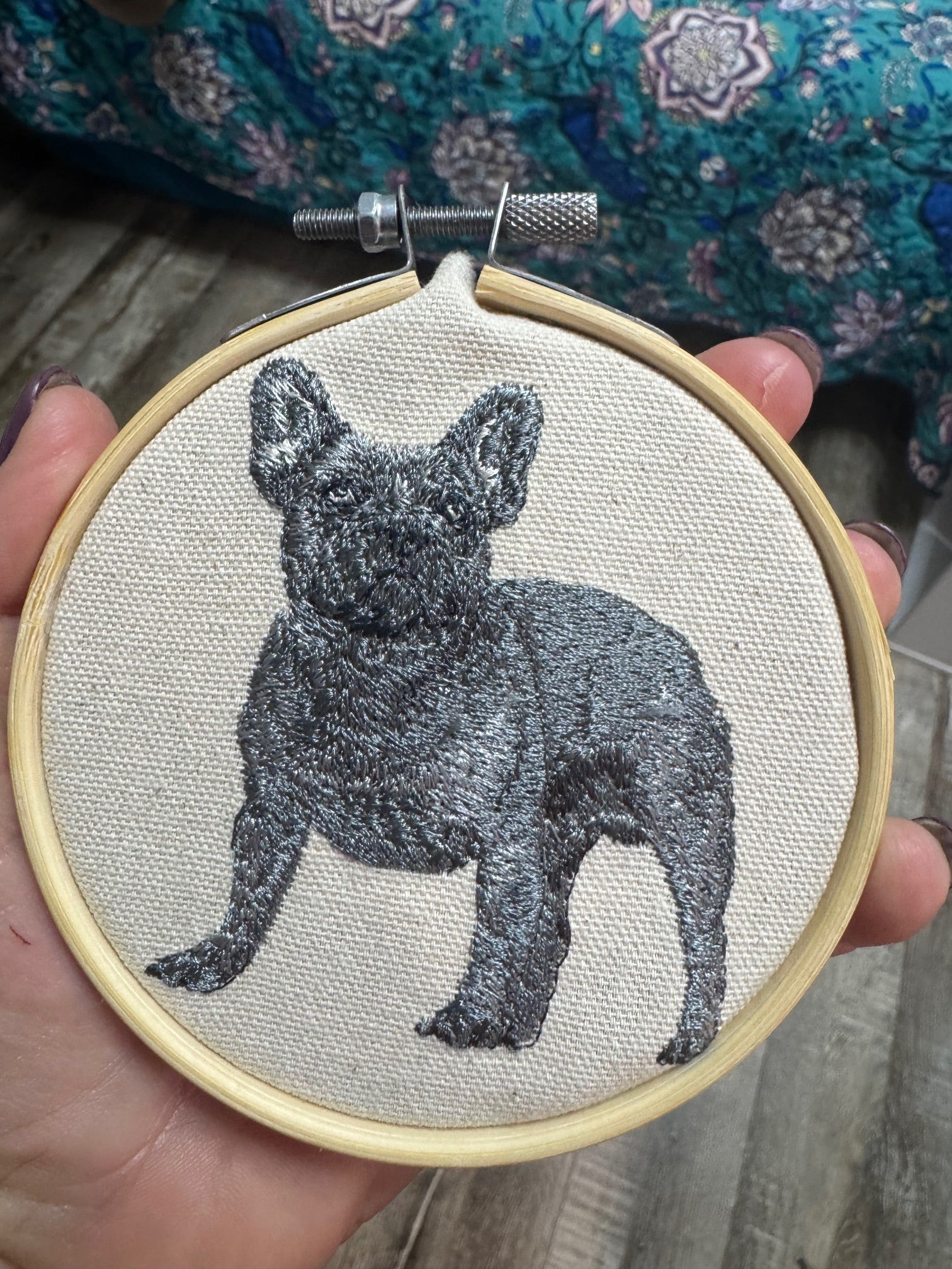 French Bulldog Machine Embroidered Framed Art | Tabletop Decor