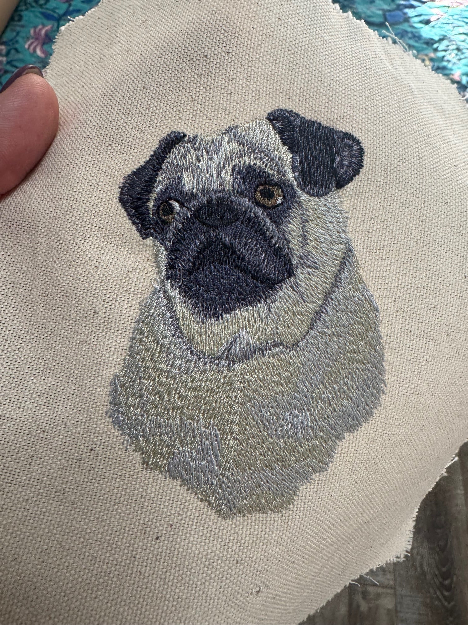 Pug Dog Breed Machine Embroidered on Canvas Fabric and Framed!