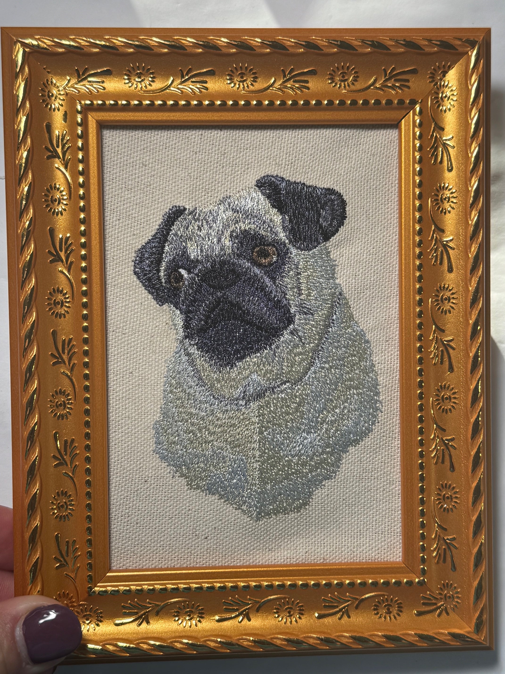 Pug Dog Breed Machine Embroidered on Canvas Fabric and Framed!