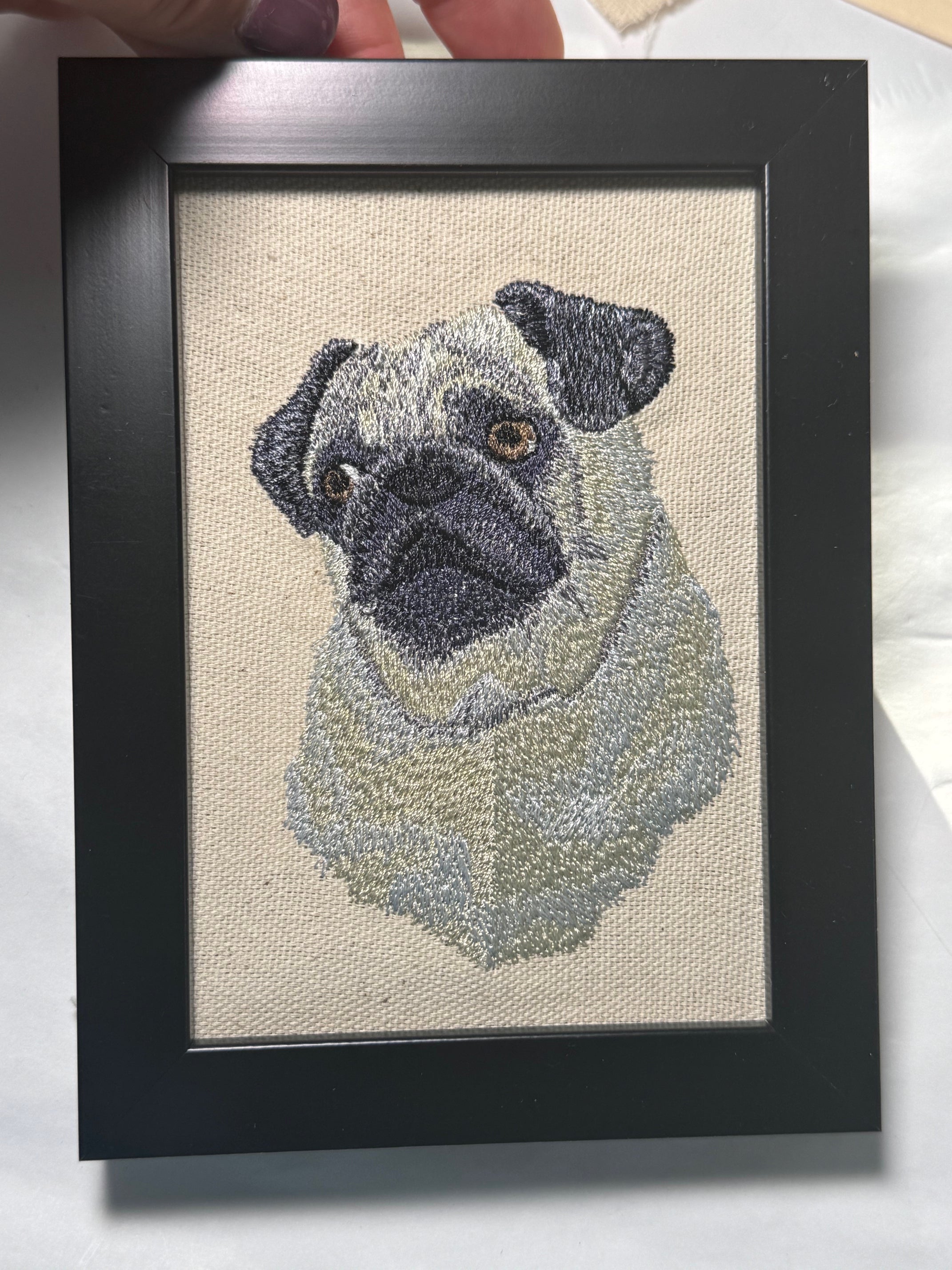 Pug Dog Breed Machine Embroidered on Canvas Fabric and Framed!