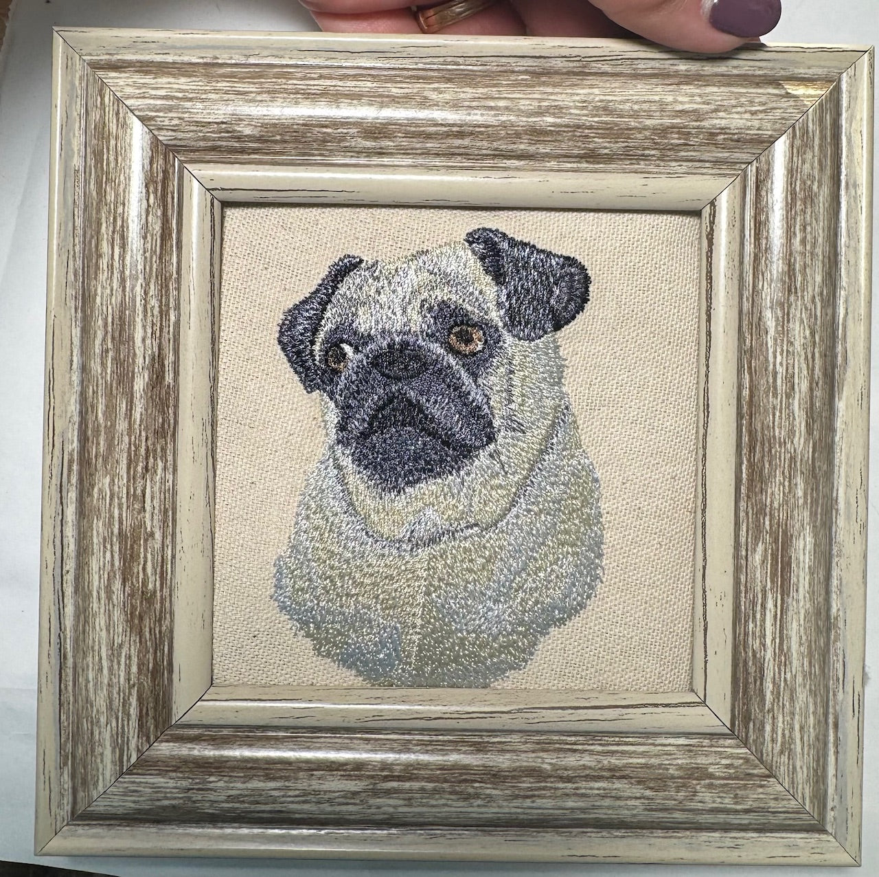 Pug Dog Breed Machine Embroidered on Canvas Fabric and Framed!