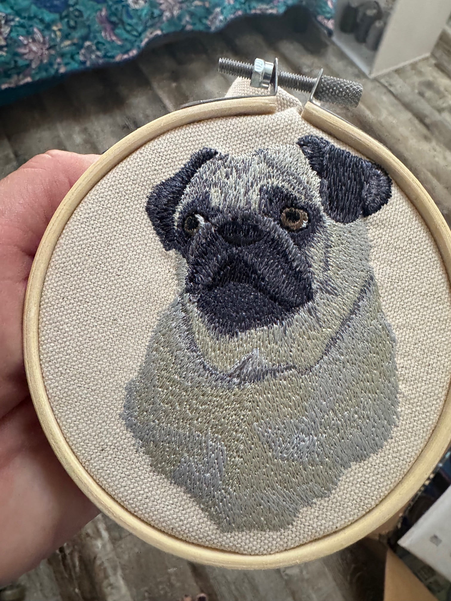 Pug Dog Breed Machine Embroidered on Canvas Fabric and Framed!